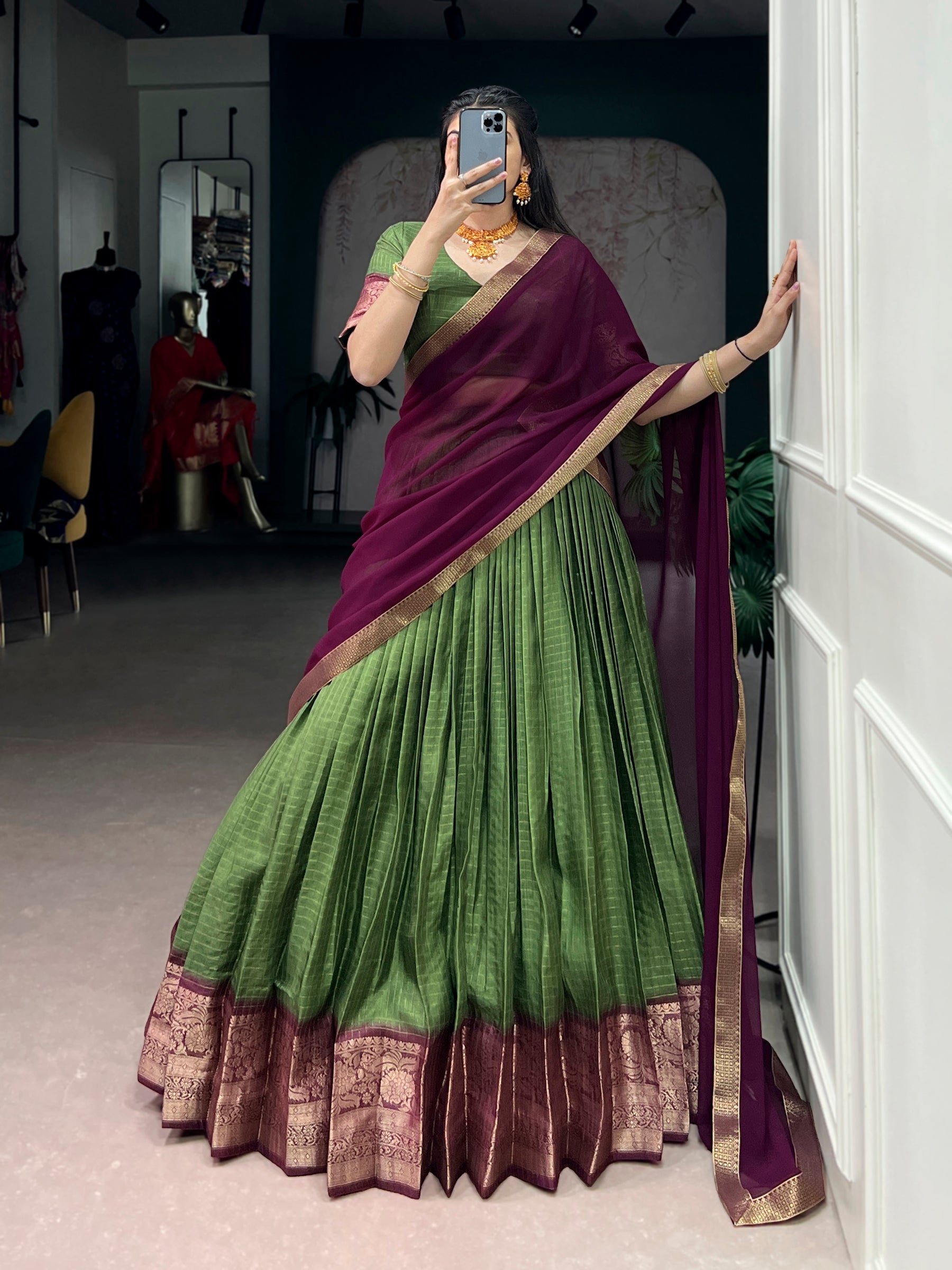 Lorenvalley Fashion Mehendi Dola Chex with Zari Weaving Work Lehenga Choli with Dupatta | Grocsy