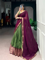 Lorenvalley Fashion Mehendi Dola Chex with Zari Weaving Work Lehenga Choli with Dupatta | Grocsy