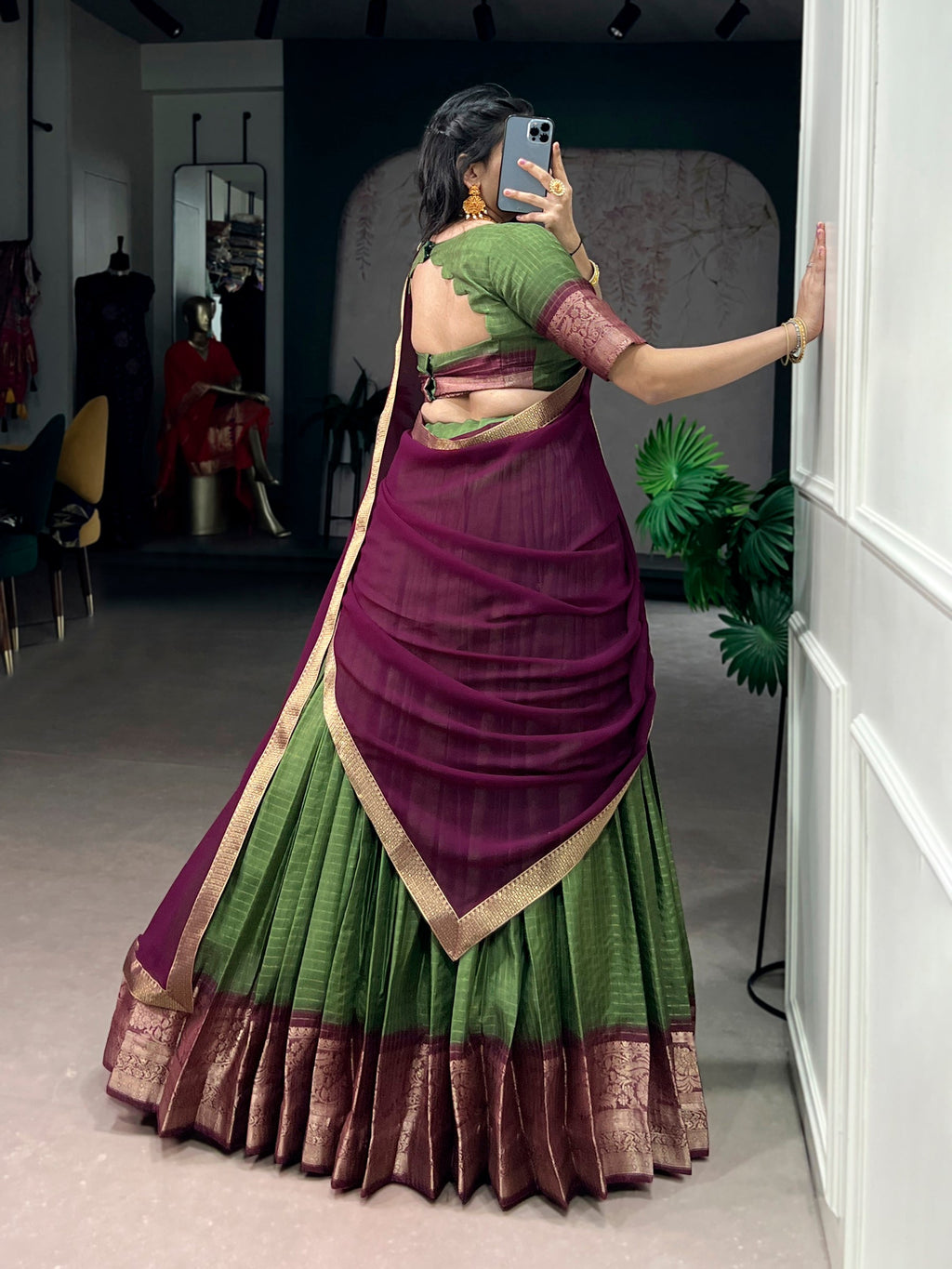 Lorenvalley Fashion Mehendi Dola Chex with Zari Weaving Work Lehenga Choli with Dupatta | Grocsy