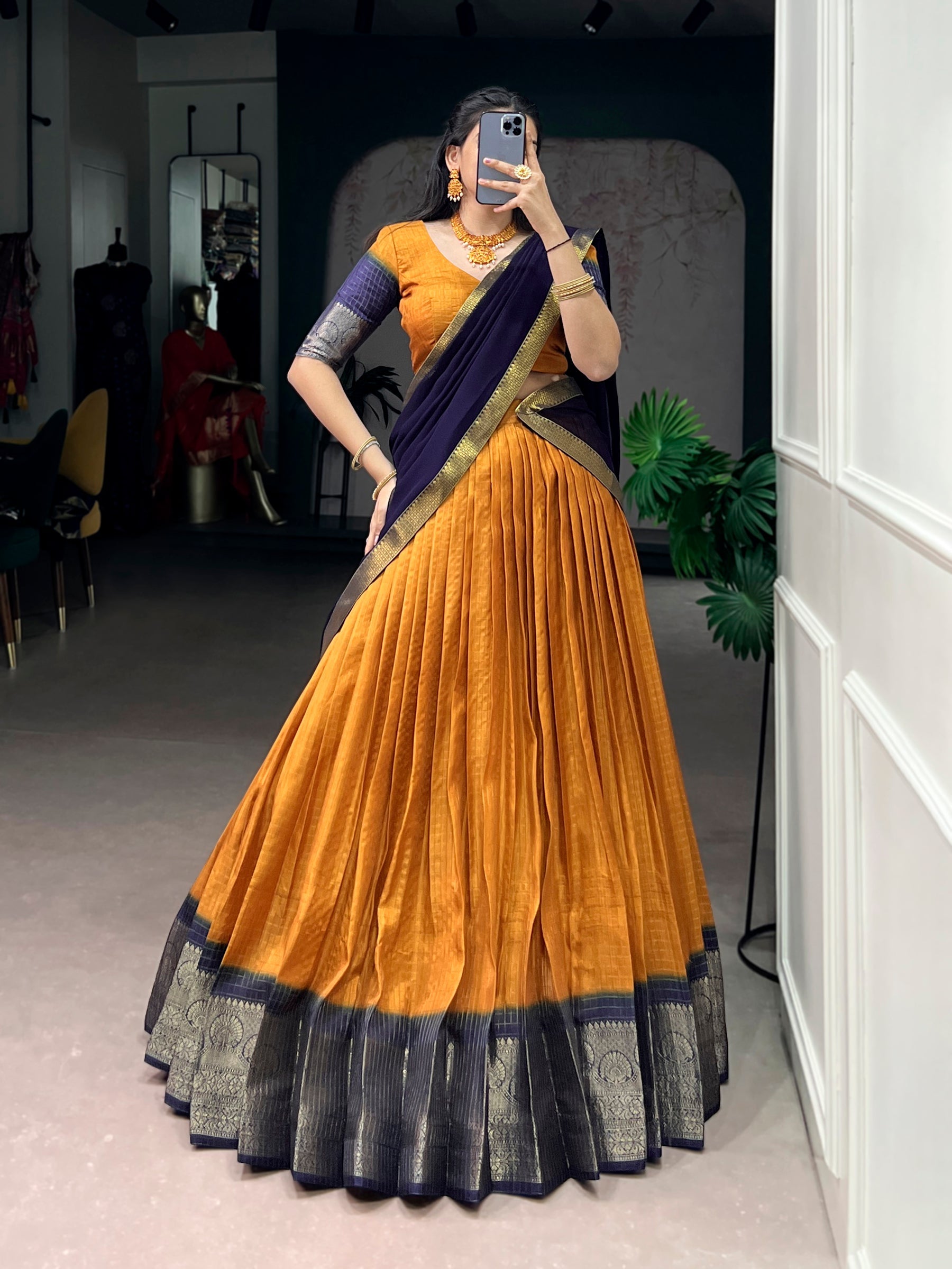 Lorenvalley Fashion Mustard Dola Chex with Zari Weaving Work Lehenga Choli with Dupatta | Grocsy