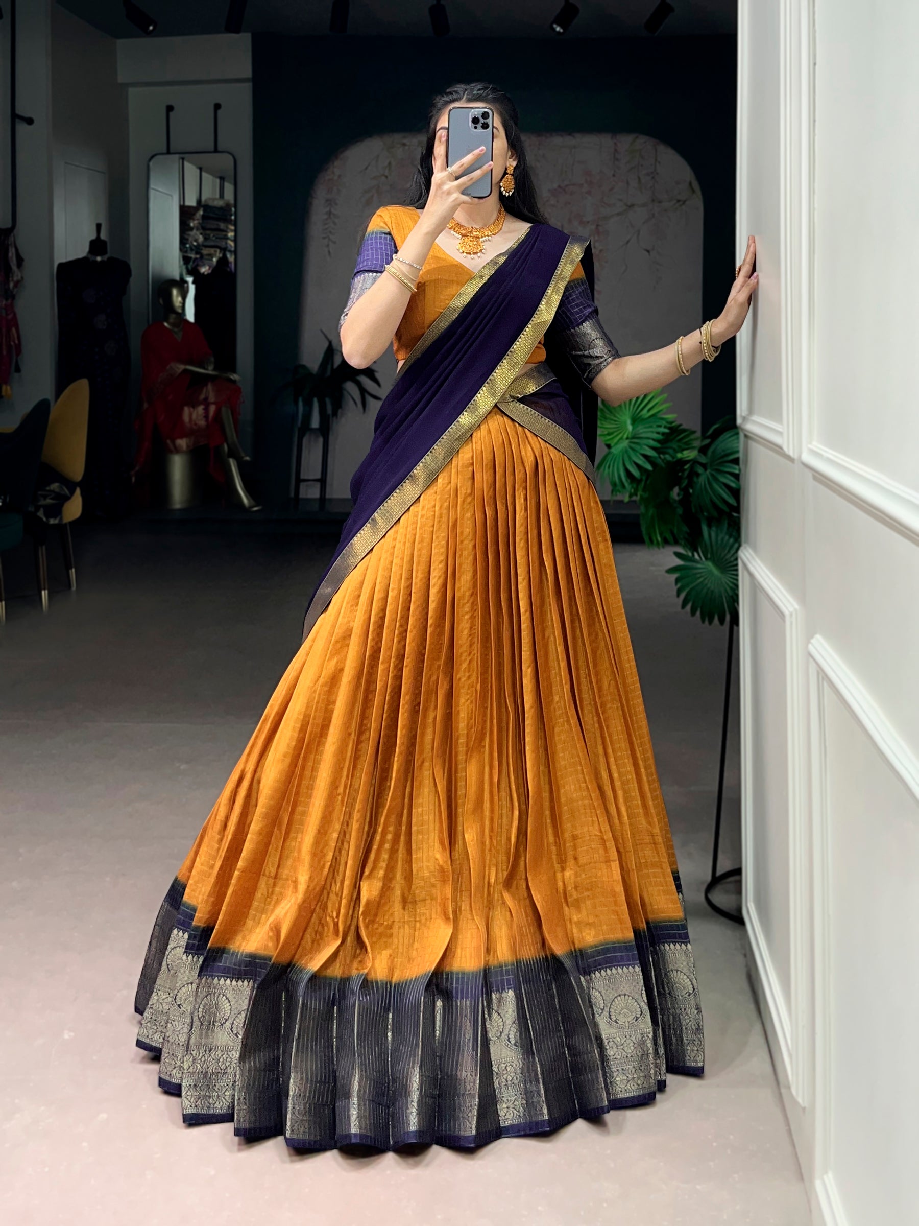 Lorenvalley Fashion Mustard Dola Chex with Zari Weaving Work Lehenga Choli with Dupatta | Grocsy