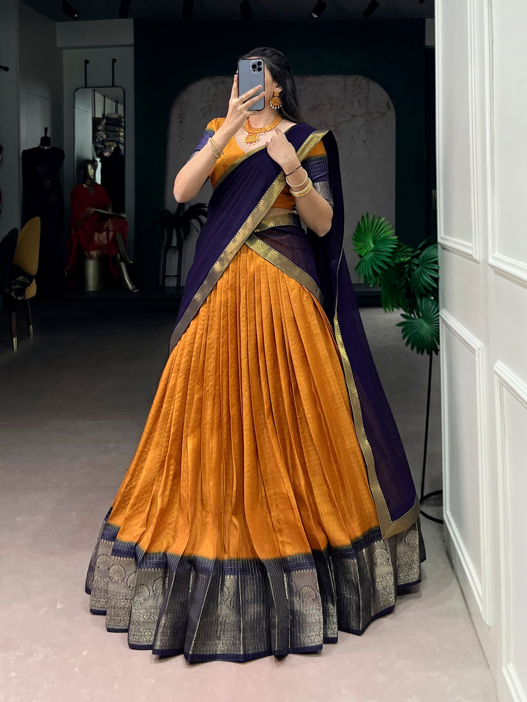 Lorenvalley Fashion Mustard Dola Chex with Zari Weaving Work Lehenga Choli with Dupatta | Grocsy