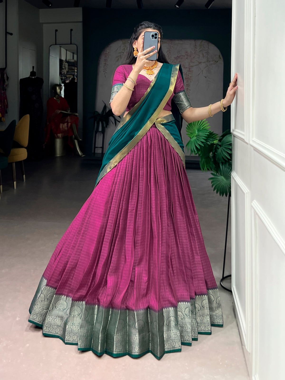 Lorenvalley Fashion Pink Dola Chex with Zari Weaving Work Lehenga Choli with Dupatta | Grocsy