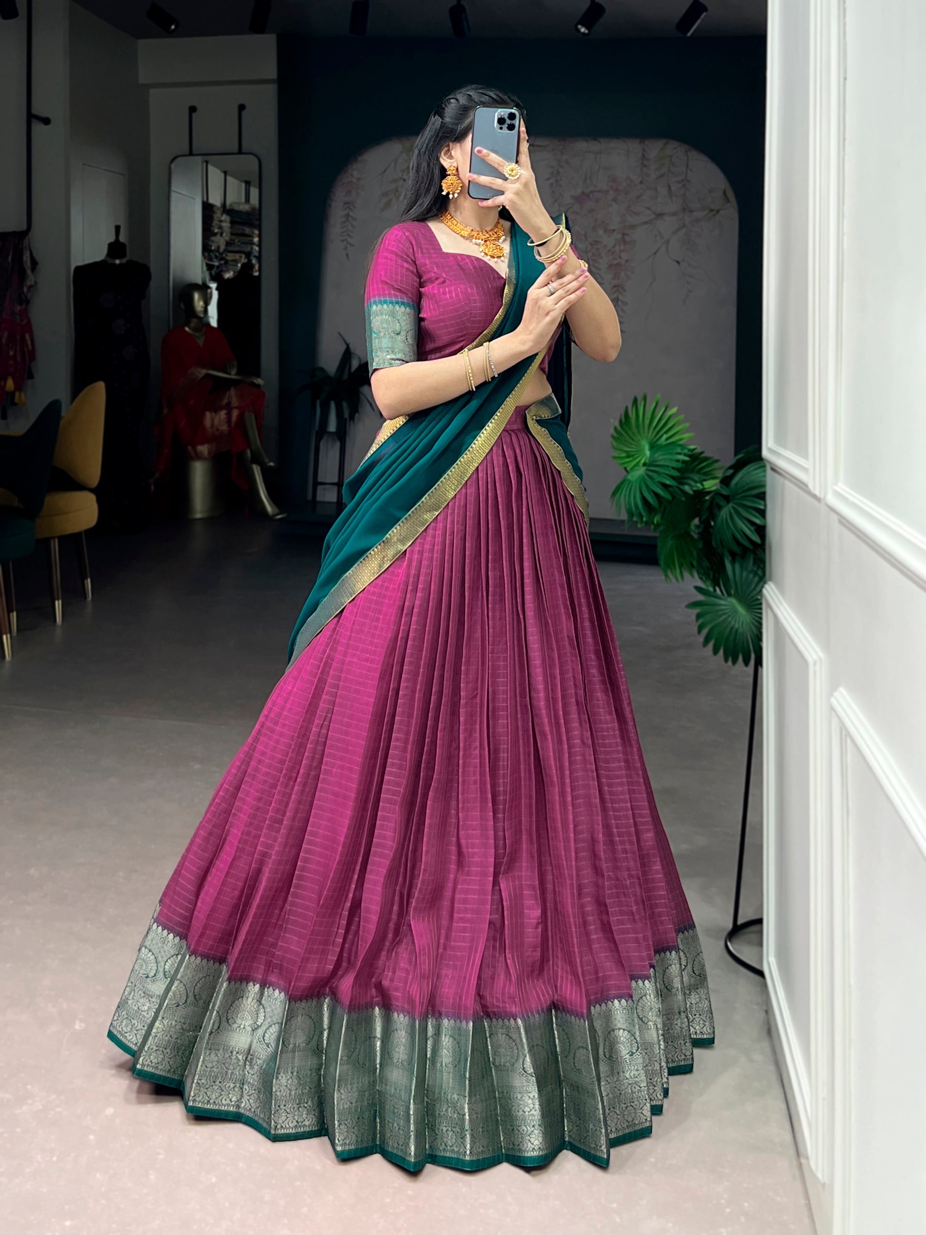 Lorenvalley Fashion Pink Dola Chex with Zari Weaving Work Lehenga Choli with Dupatta | Grocsy
