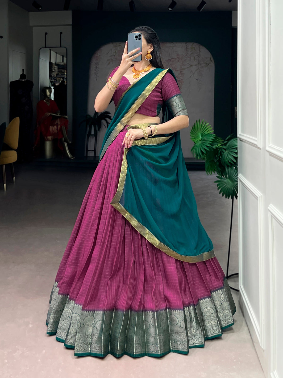 Lorenvalley Fashion Pink Dola Chex with Zari Weaving Work Lehenga Choli with Dupatta | Grocsy