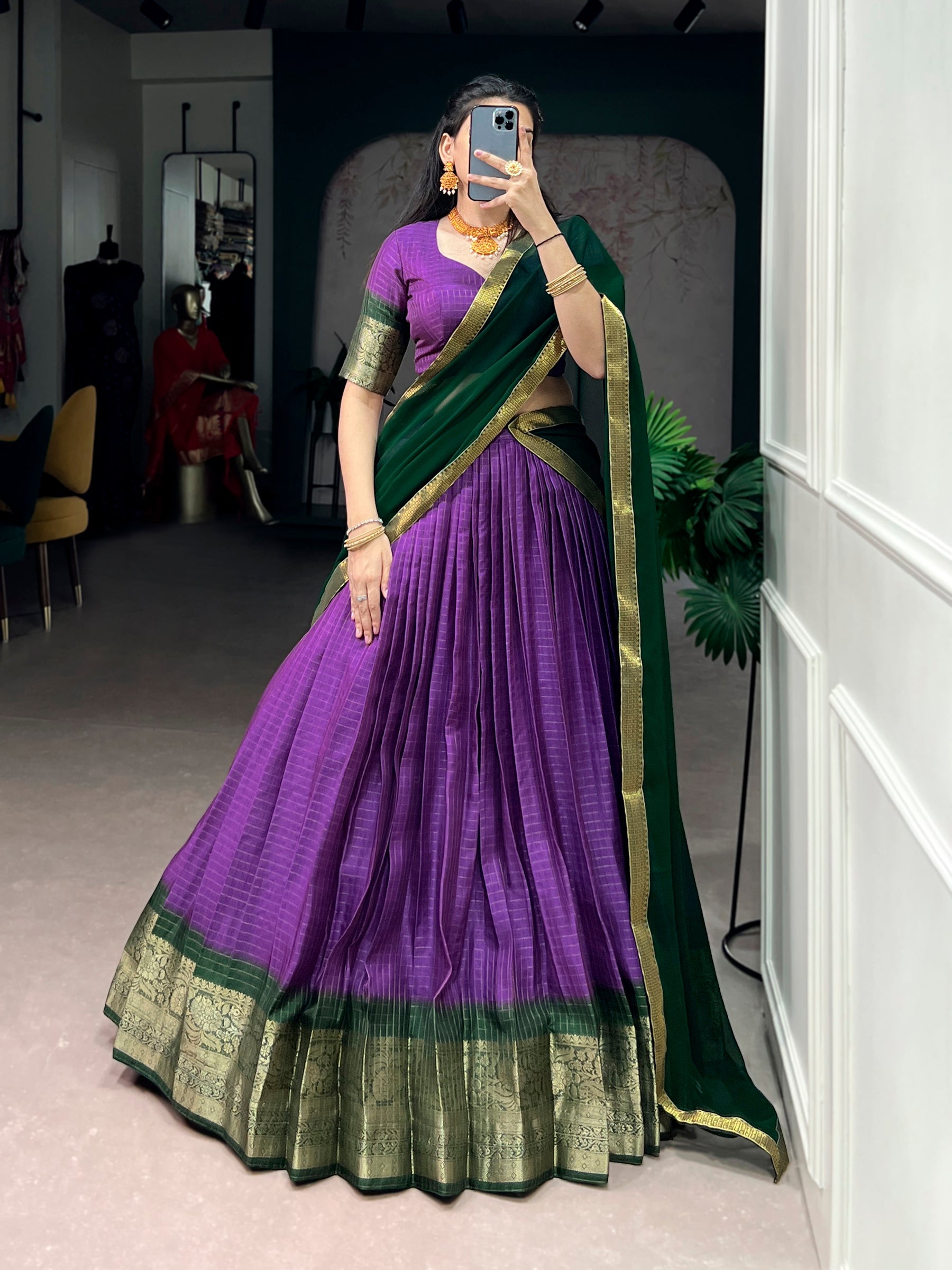 Lorenvalley Fashion Purple Dola Chex with Zari Weaving Work Lehenga Choli with Dupatta | Grocsy