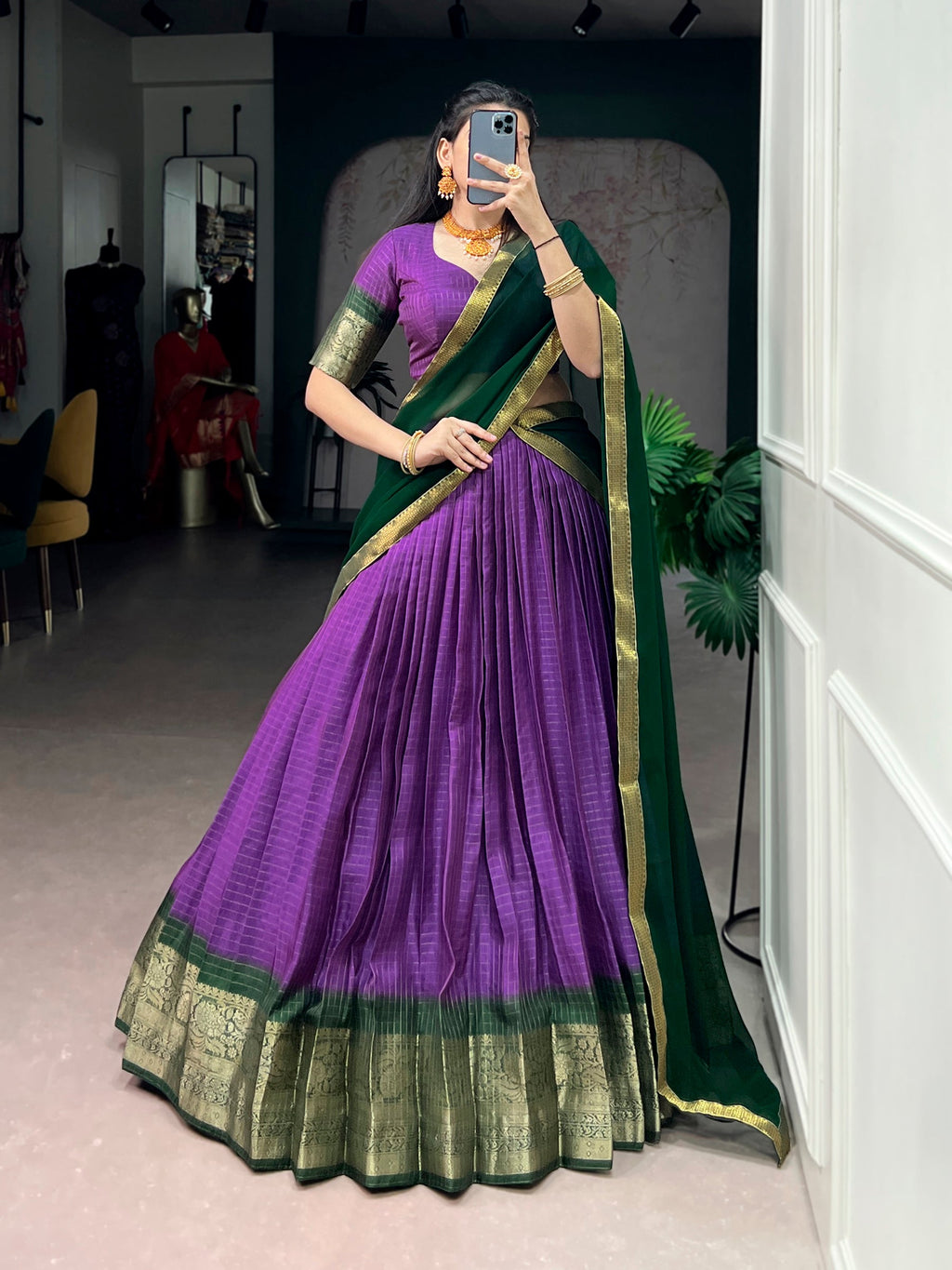 Lorenvalley Fashion Purple Dola Chex with Zari Weaving Work Lehenga Choli with Dupatta | Grocsy