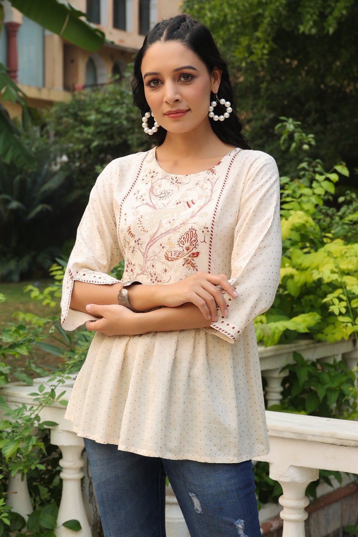 Juniper Women Ivory Rayon Slub Polka Print Peplum Tunic | Grocsy