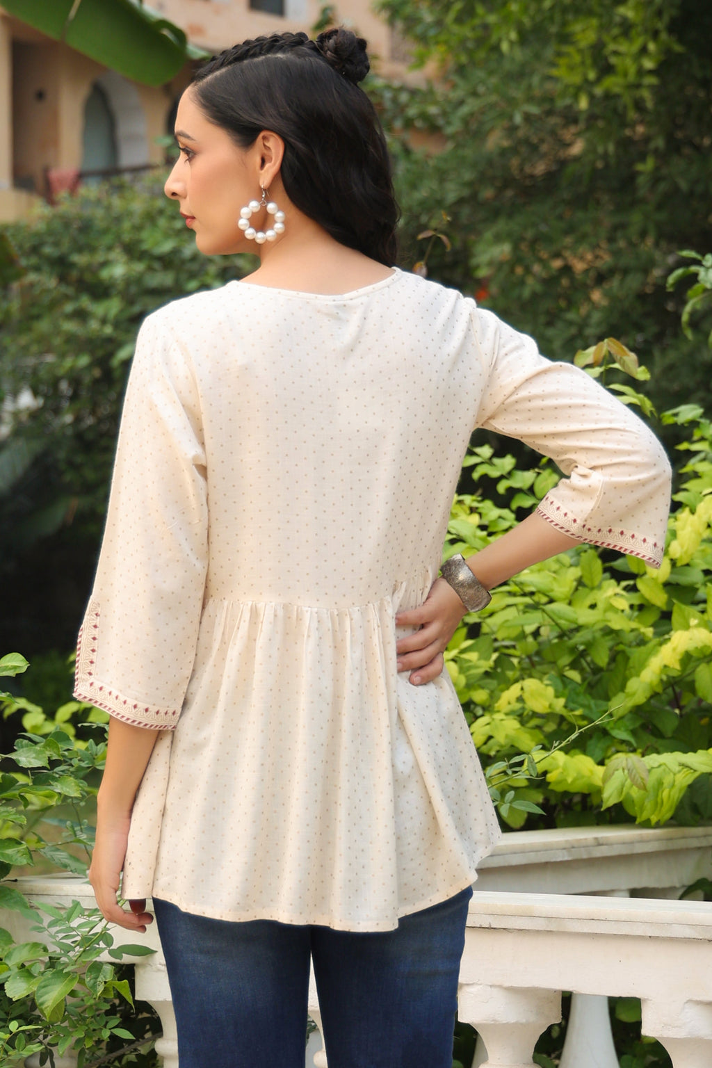 Juniper Women Ivory Rayon Slub Polka Print Peplum Tunic | Grocsy