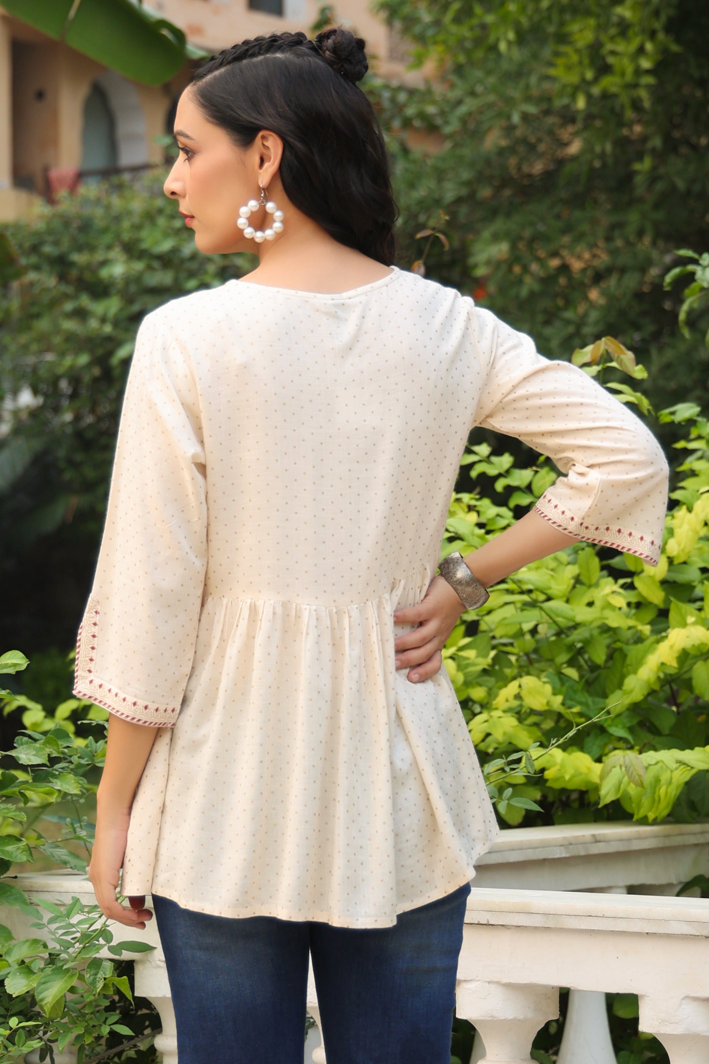 Juniper Women Ivory Rayon Slub Polka Print Peplum Tunic | Grocsy