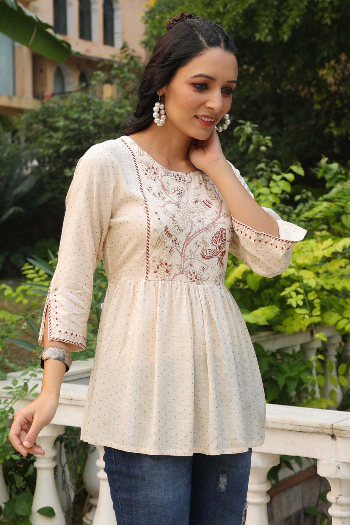 Juniper Women Ivory Rayon Slub Polka Print Peplum Tunic | Grocsy