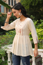 Juniper Women Ivory Rayon Slub Polka Print Peplum Tunic | Grocsy