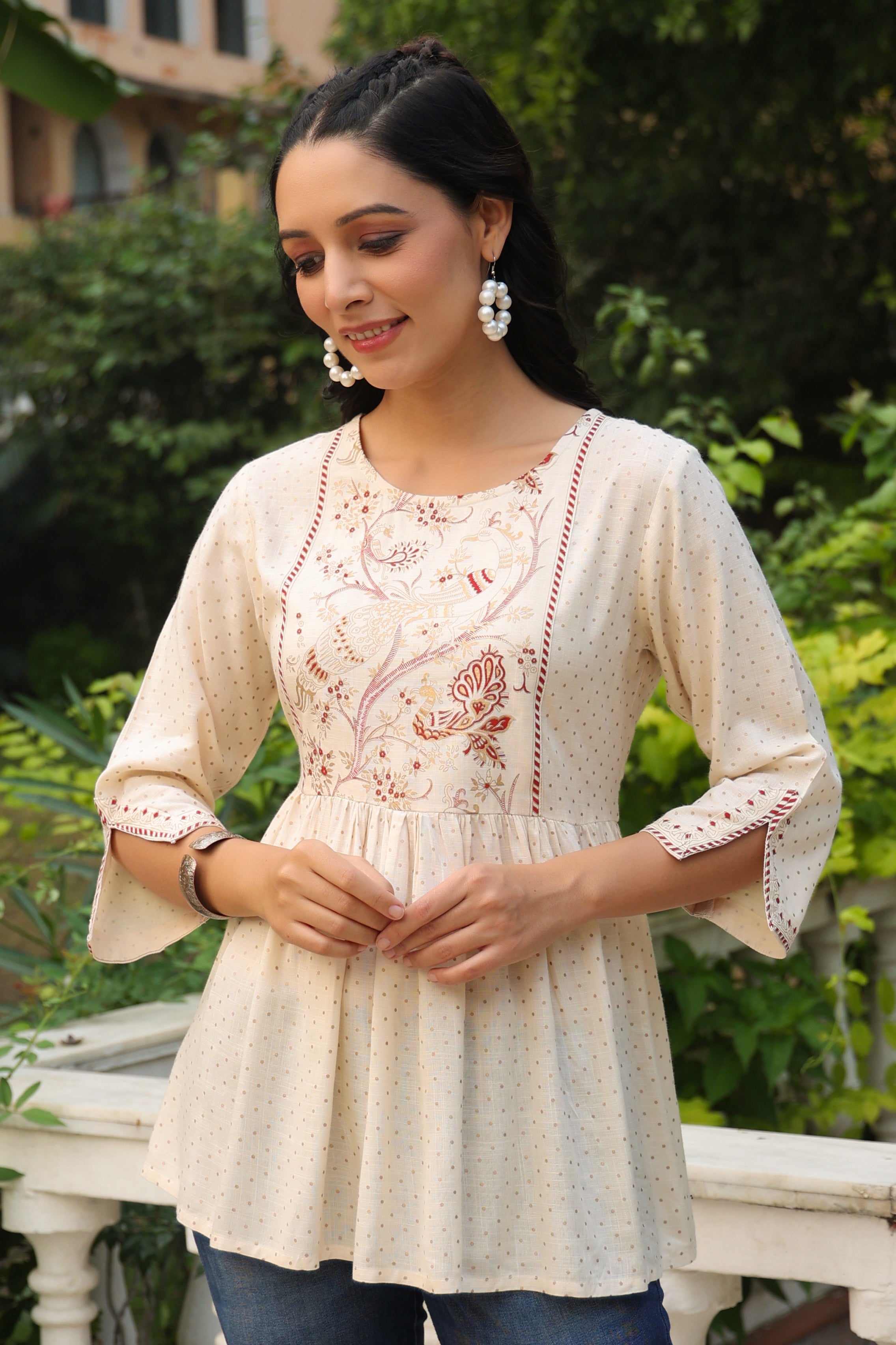 Juniper Women Ivory Rayon Slub Polka Print Peplum Tunic | Grocsy