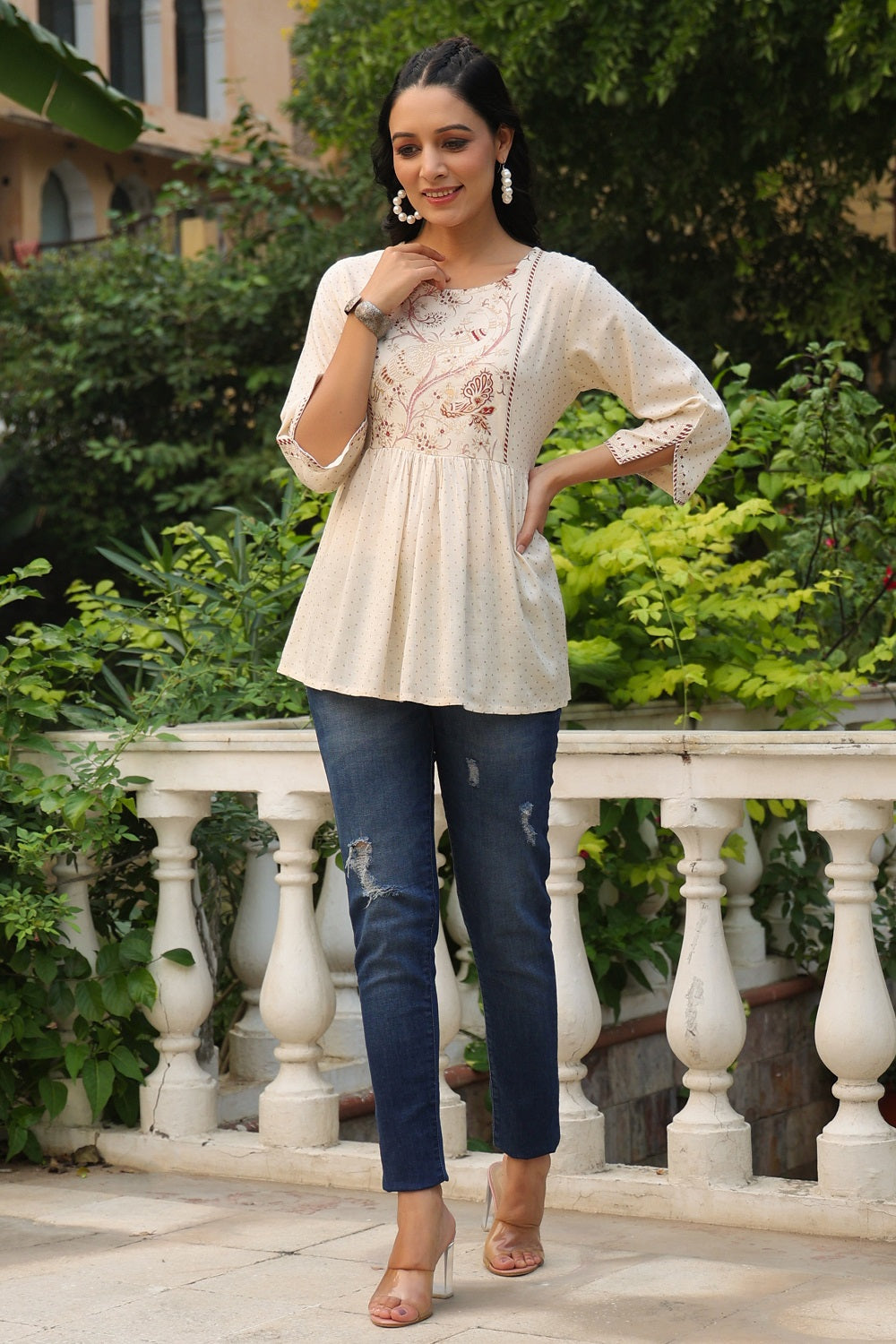 Juniper Women Ivory Rayon Slub Polka Print Peplum Tunic | Grocsy