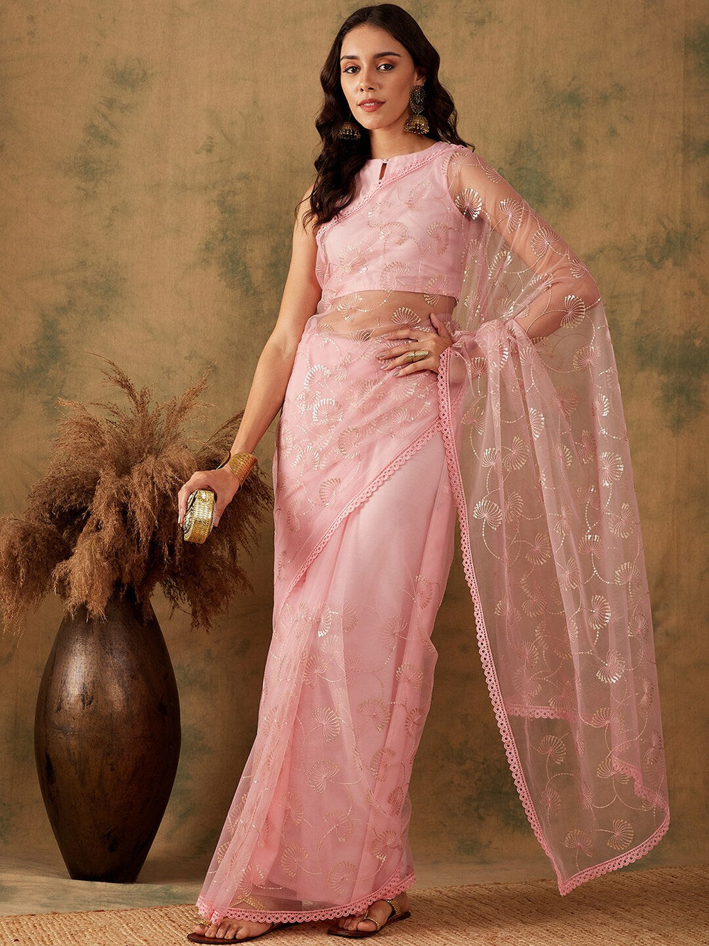 Sangria Pink Floral Embroidered Sequinned Net Saree | Grocsy