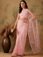 Sangria Pink Floral Embroidered Sequinned Net Saree | Grocsy