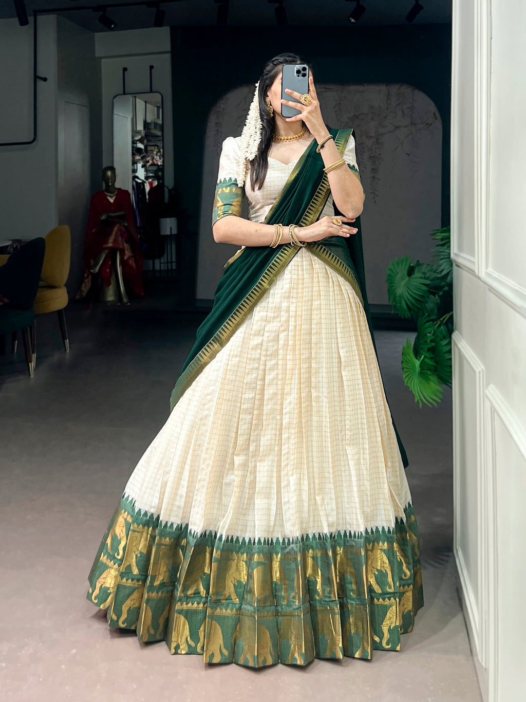 Lorenvalley Fashion White Poly Cotton Chex With Zari Weaving Work Lehenga Choli with Dupatta | Grocsy