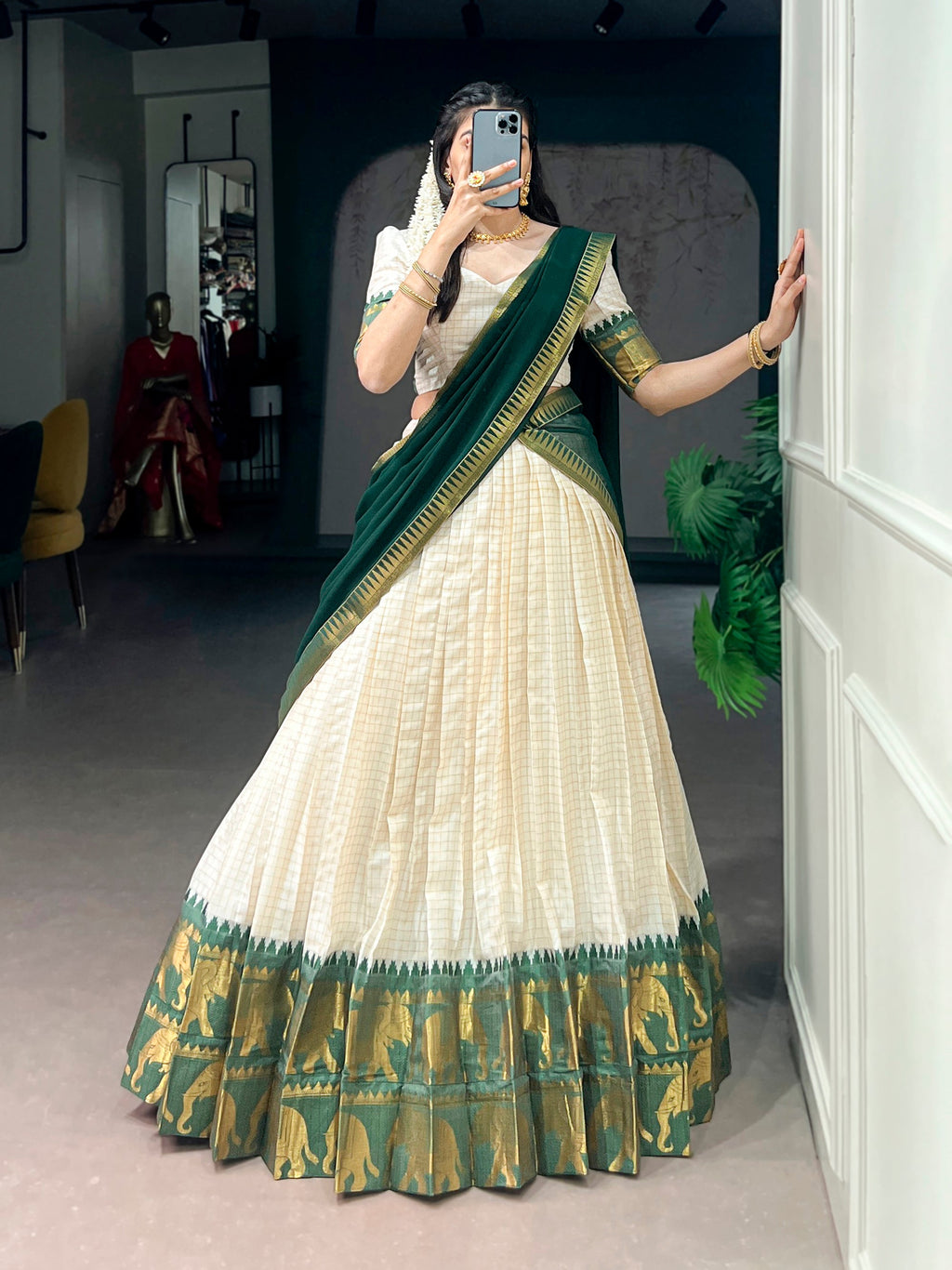 Lorenvalley Fashion White Poly Cotton Chex With Zari Weaving Work Lehenga Choli with Dupatta | Grocsy
