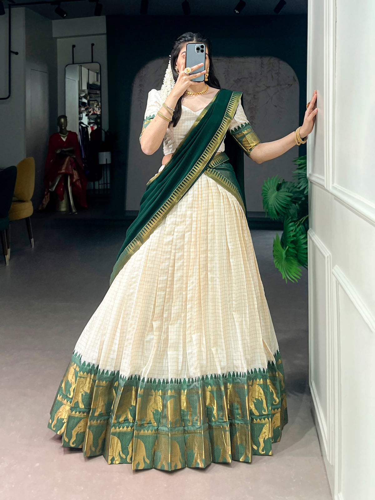 Lorenvalley Fashion White Poly Cotton Chex With Zari Weaving Work Lehenga Choli with Dupatta | Grocsy