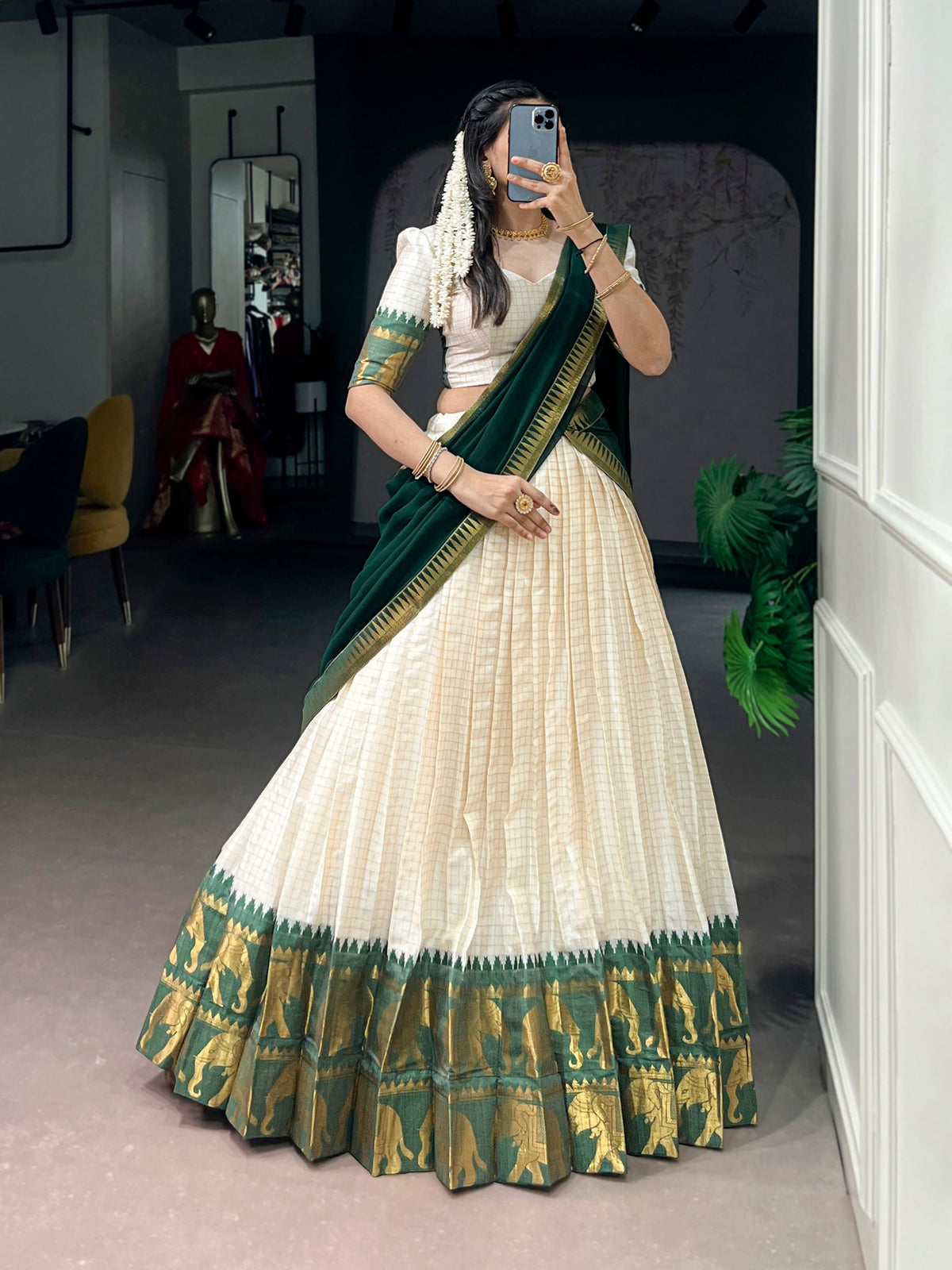 Lorenvalley Fashion White Poly Cotton Chex With Zari Weaving Work Lehenga Choli with Dupatta | Grocsy