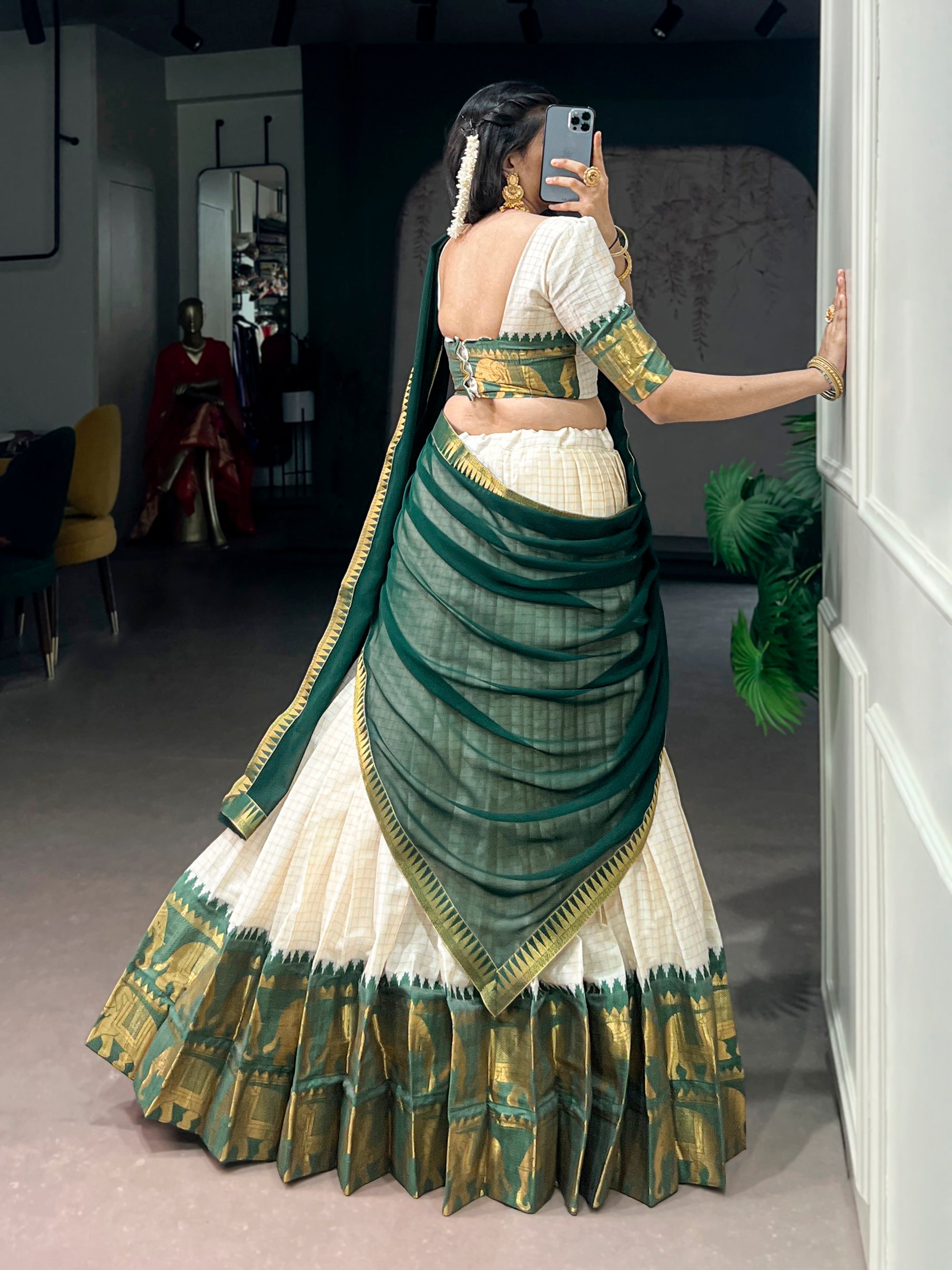 Lorenvalley Fashion White Poly Cotton Chex With Zari Weaving Work Lehenga Choli with Dupatta | Grocsy