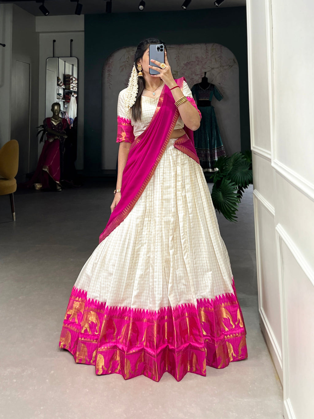 Lorenvalley Fashion White Poly Cotton Chex With Zari Weaving Work Lehenga Choli with Dupatta | Grocsy