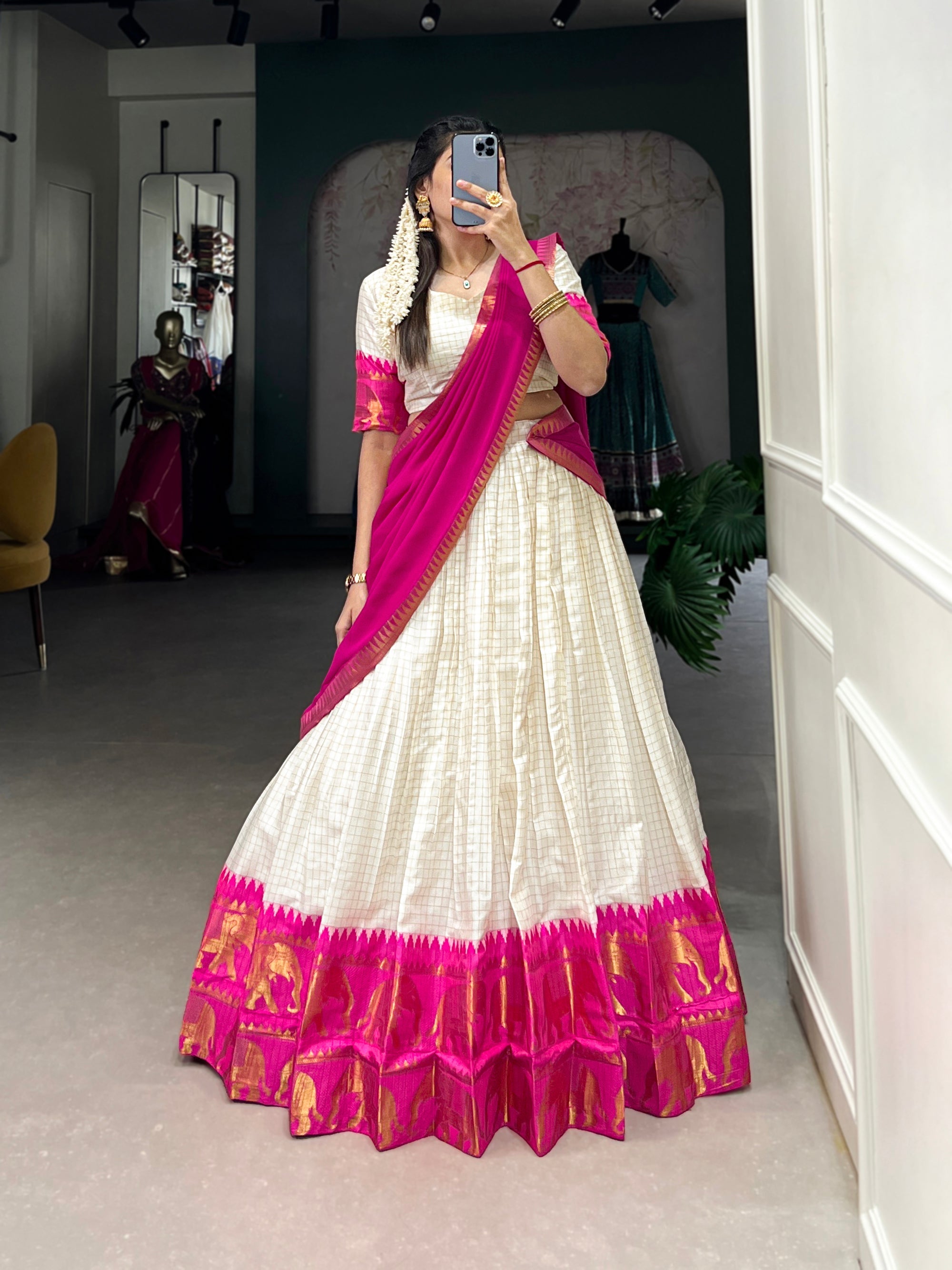Lorenvalley Fashion White Poly Cotton Chex With Zari Weaving Work Lehenga Choli with Dupatta | Grocsy