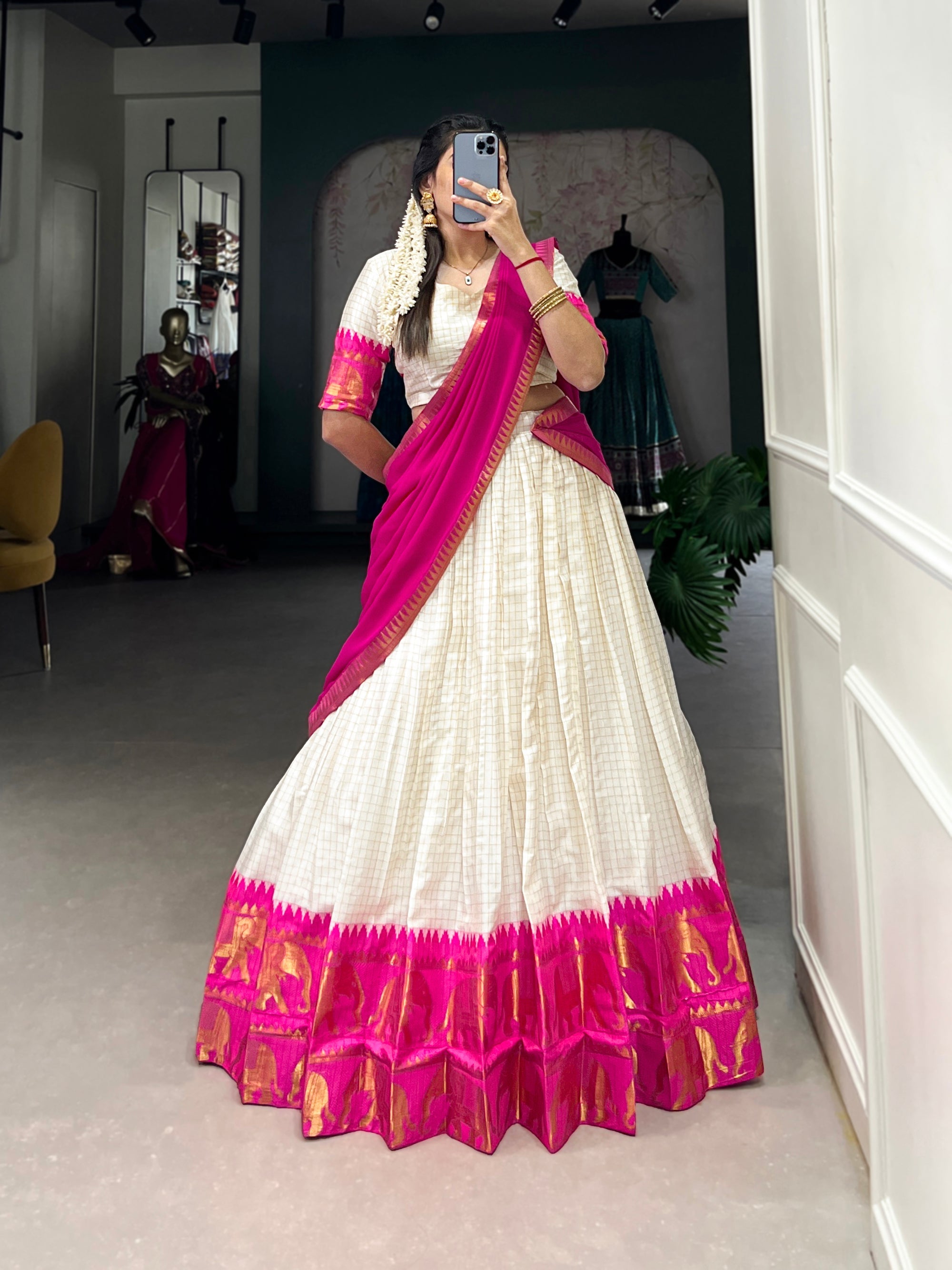 Lorenvalley Fashion White Poly Cotton Chex With Zari Weaving Work Lehenga Choli with Dupatta | Grocsy