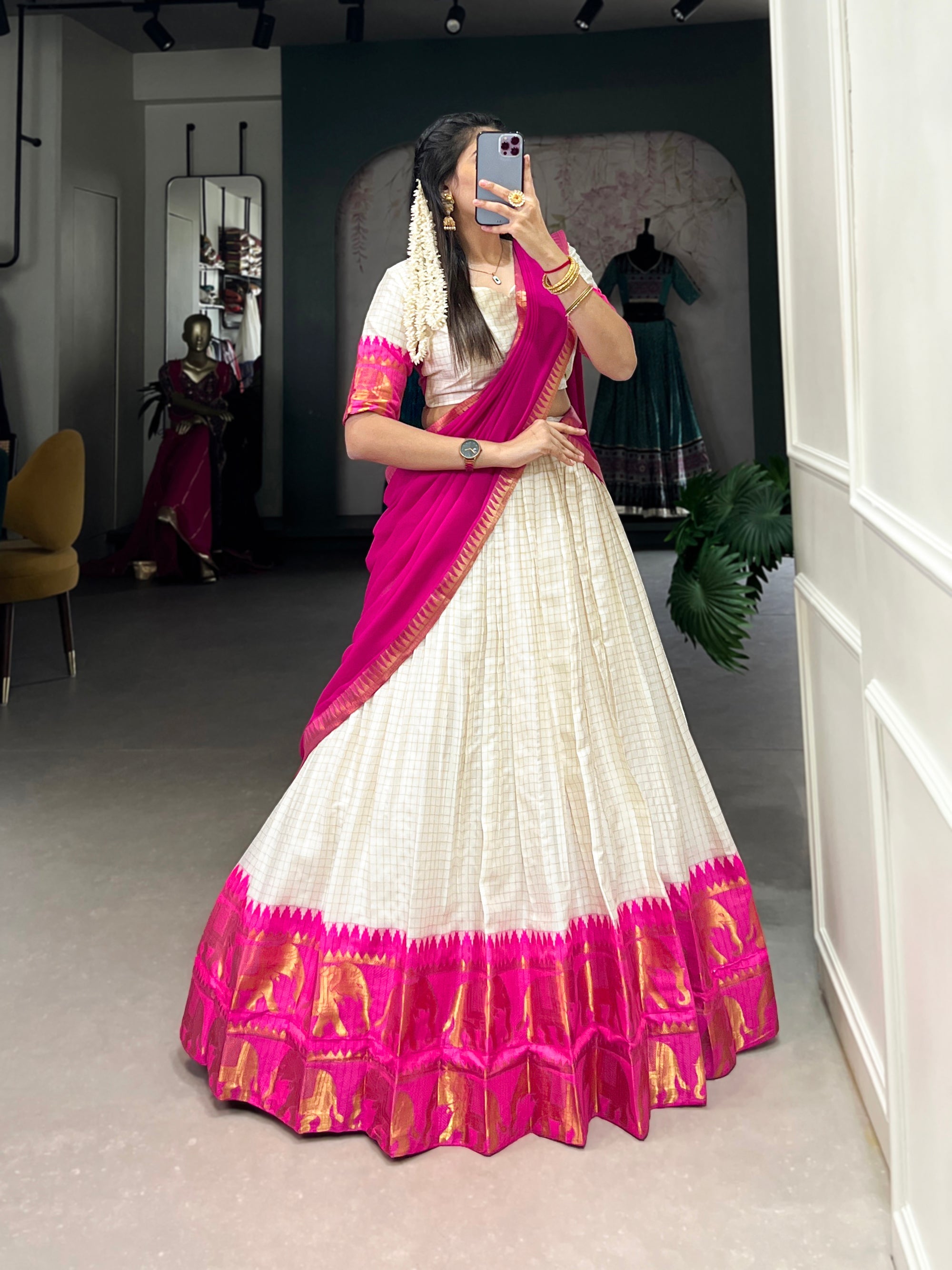 Lorenvalley Fashion White Poly Cotton Chex With Zari Weaving Work Lehenga Choli with Dupatta | Grocsy