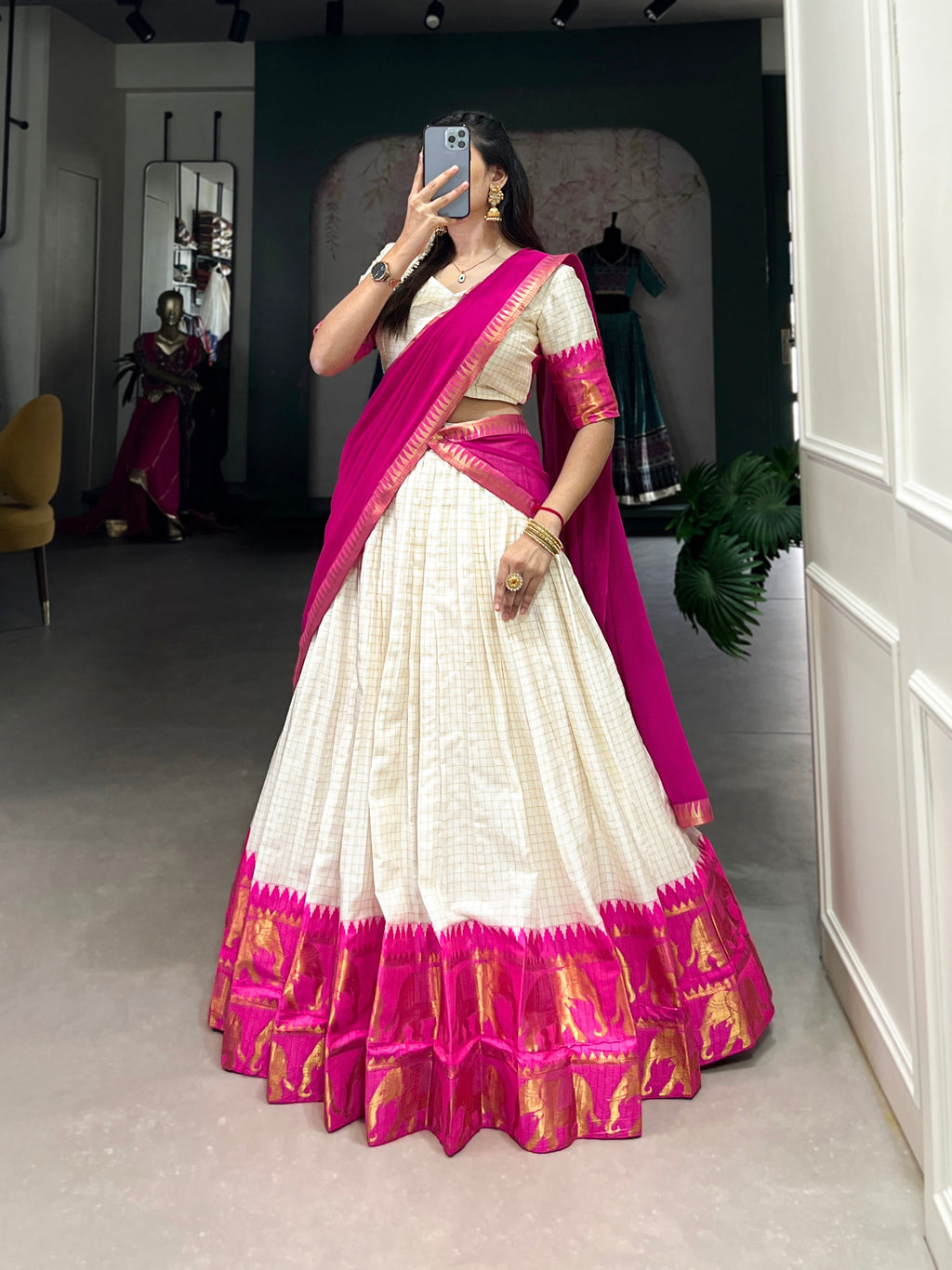 Lorenvalley Fashion White Poly Cotton Chex With Zari Weaving Work Lehenga Choli with Dupatta | Grocsy