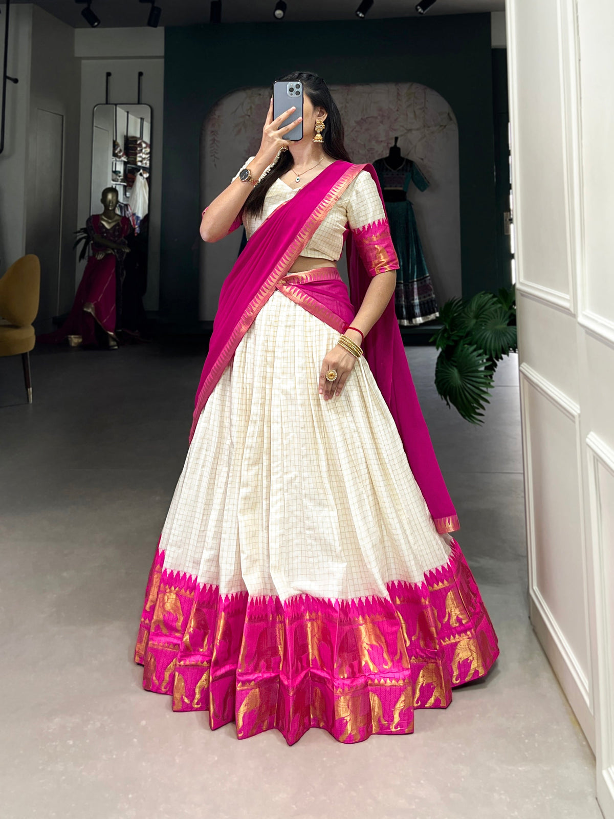Lorenvalley Fashion White Poly Cotton Chex With Zari Weaving Work Lehenga Choli with Dupatta | Grocsy
