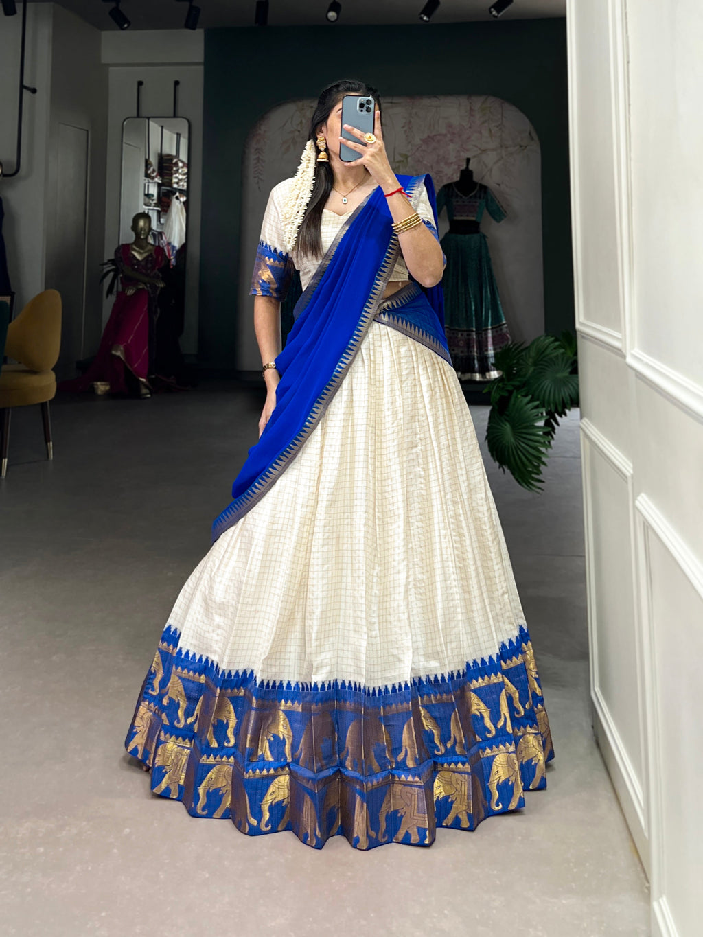 Lorenvalley White Poly Cotton Chex With Zari Weaving Work Lehenga Choli with Dupatta | Grocsy