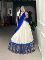 Lorenvalley White Poly Cotton Chex With Zari Weaving Work Lehenga Choli with Dupatta | Grocsy