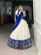 Lorenvalley Fashion White Poly Cotton Chex With Zari Weaving Work Lehenga Choli with Dupatta | Grocsy