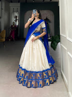 Lorenvalley White Poly Cotton Chex With Zari Weaving Work Lehenga Choli with Dupatta | Grocsy
