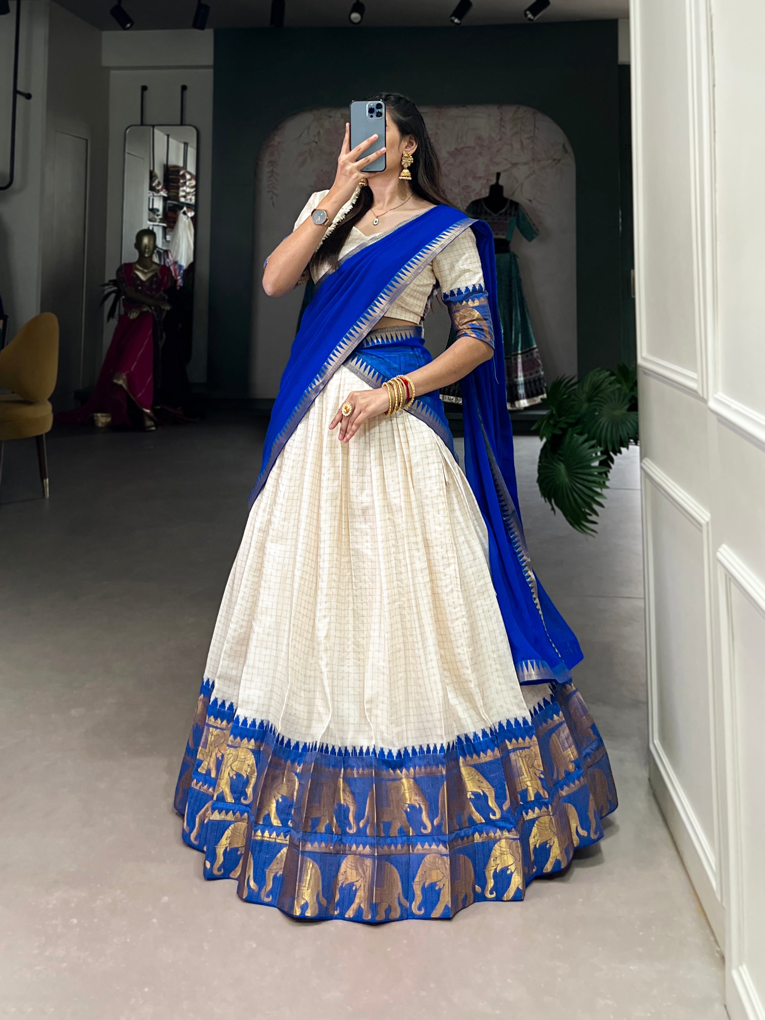 Lorenvalley White Poly Cotton Chex With Zari Weaving Work Lehenga Choli with Dupatta | Grocsy
