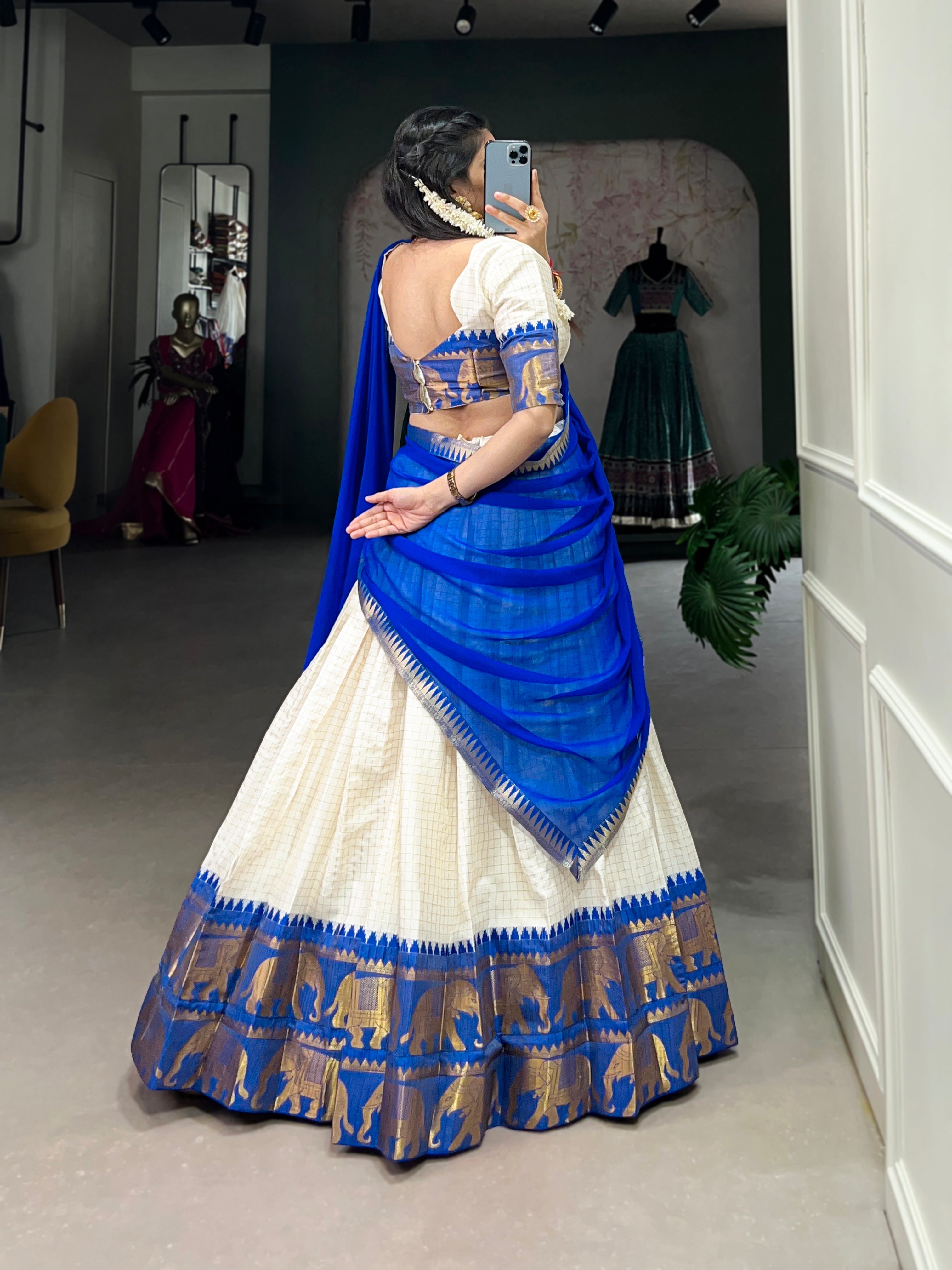 Lorenvalley White Poly Cotton Chex With Zari Weaving Work Lehenga Choli with Dupatta | Grocsy