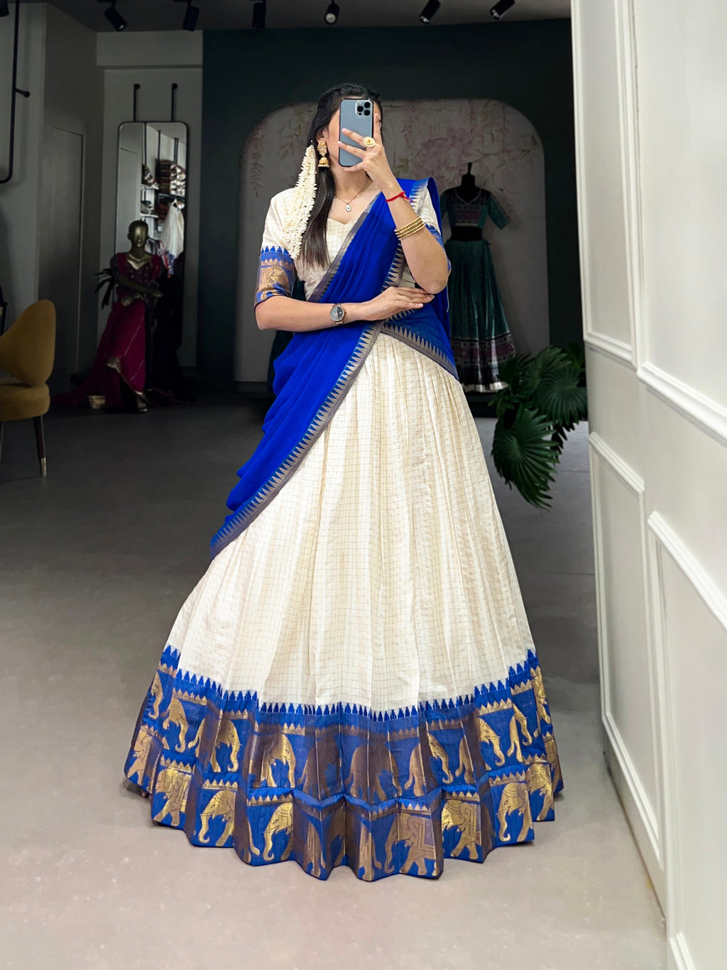Lorenvalley Fashion White Poly Cotton Chex With Zari Weaving Work Lehenga Choli with Dupatta | Grocsy