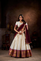 Lorenvalley White Poly Cotton Chex With Zari Weaving Work Lehenga Choli with Dupatta | Grocsy