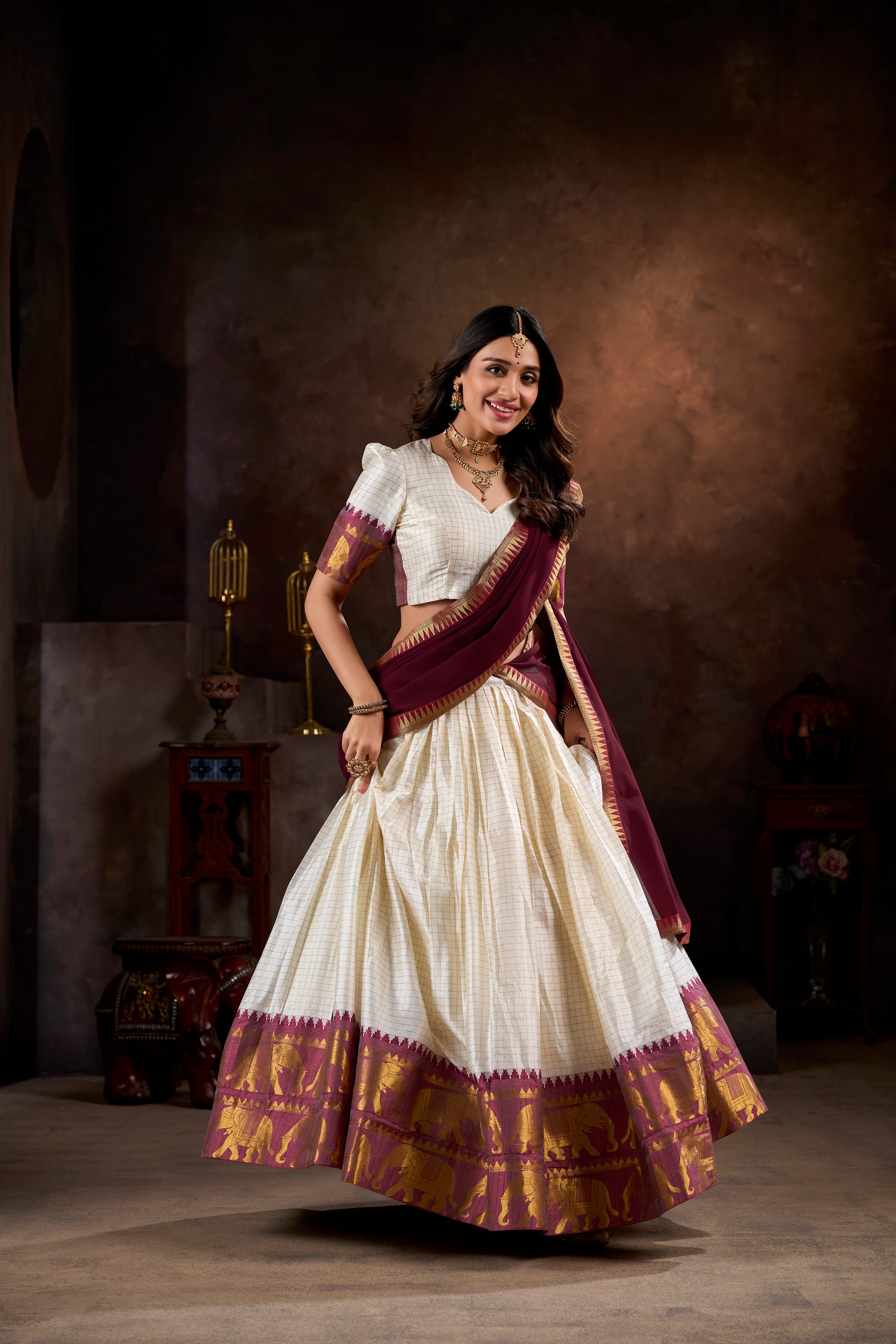 Lorenvalley White Poly Cotton Chex With Zari Weaving Work Lehenga Choli with Dupatta | Grocsy
