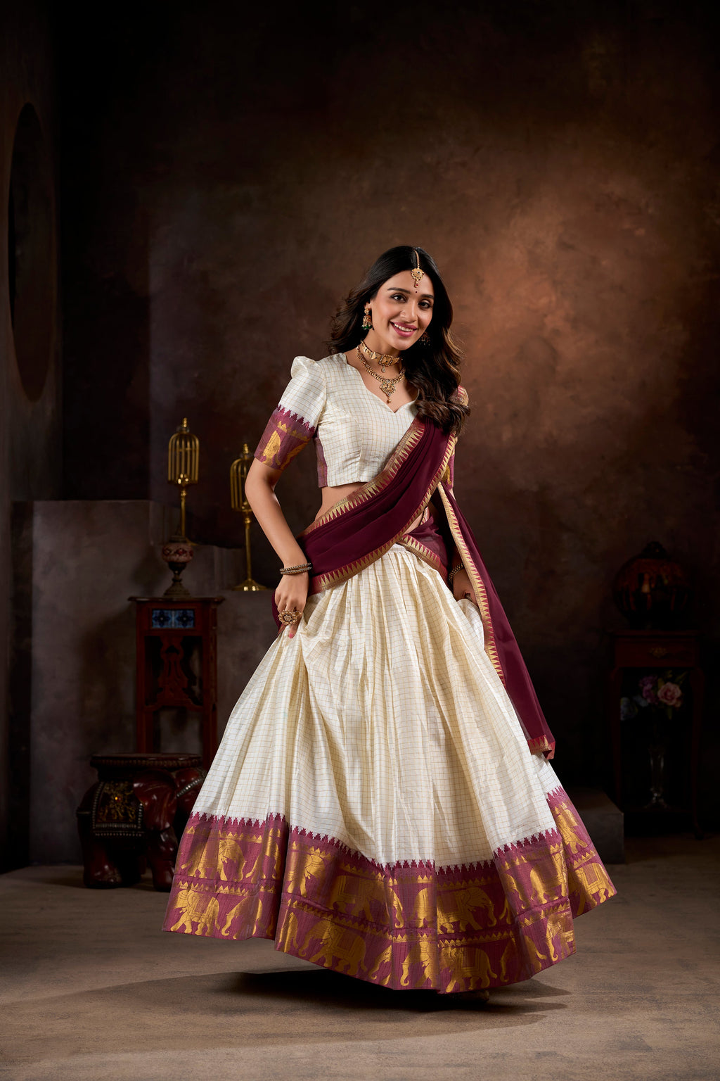 Lorenvalley White Poly Cotton Chex With Zari Weaving Work Lehenga Choli with Dupatta | Grocsy