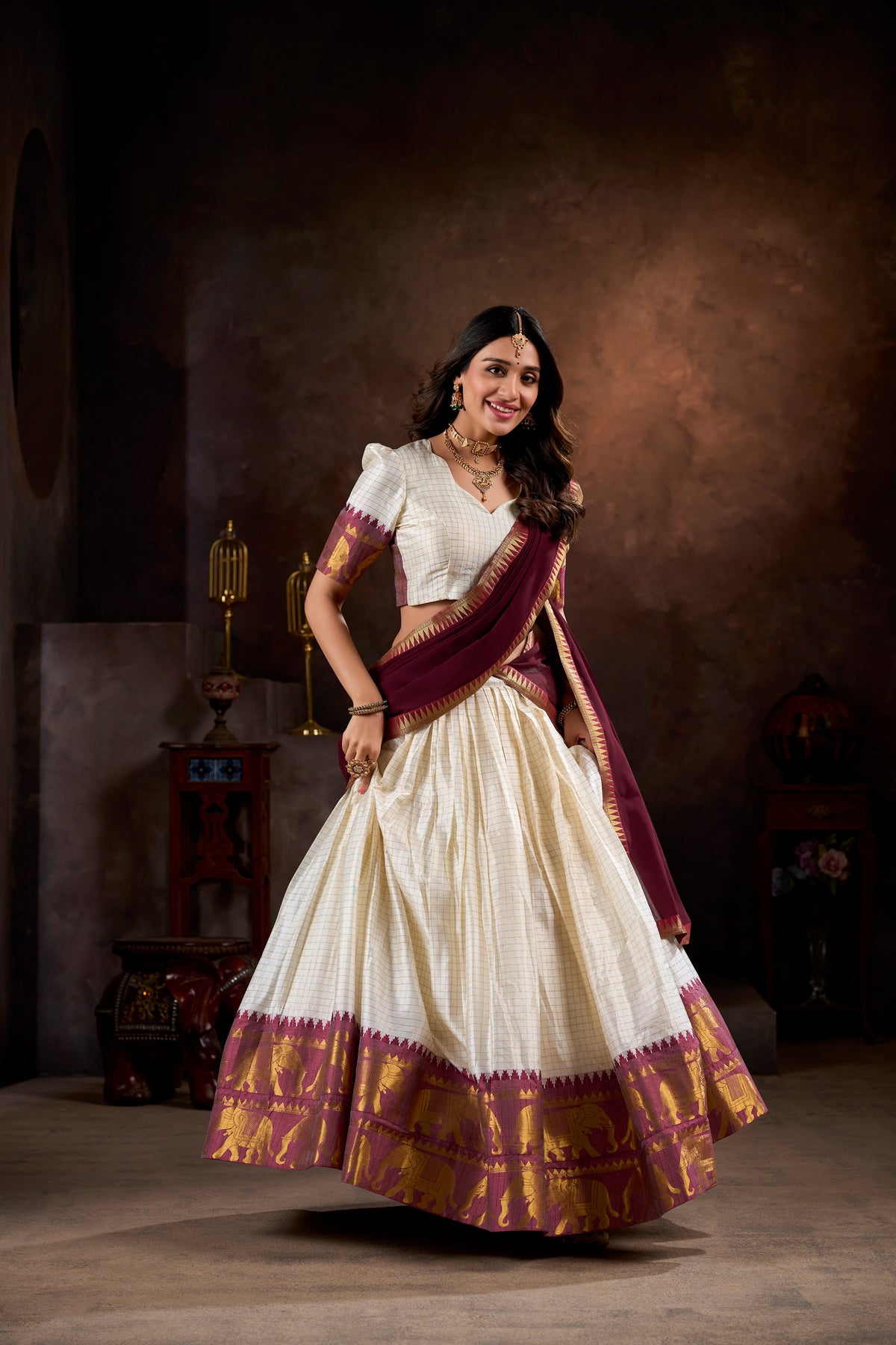 Lorenvalley White Poly Cotton Chex With Zari Weaving Work Lehenga Choli with Dupatta | Grocsy