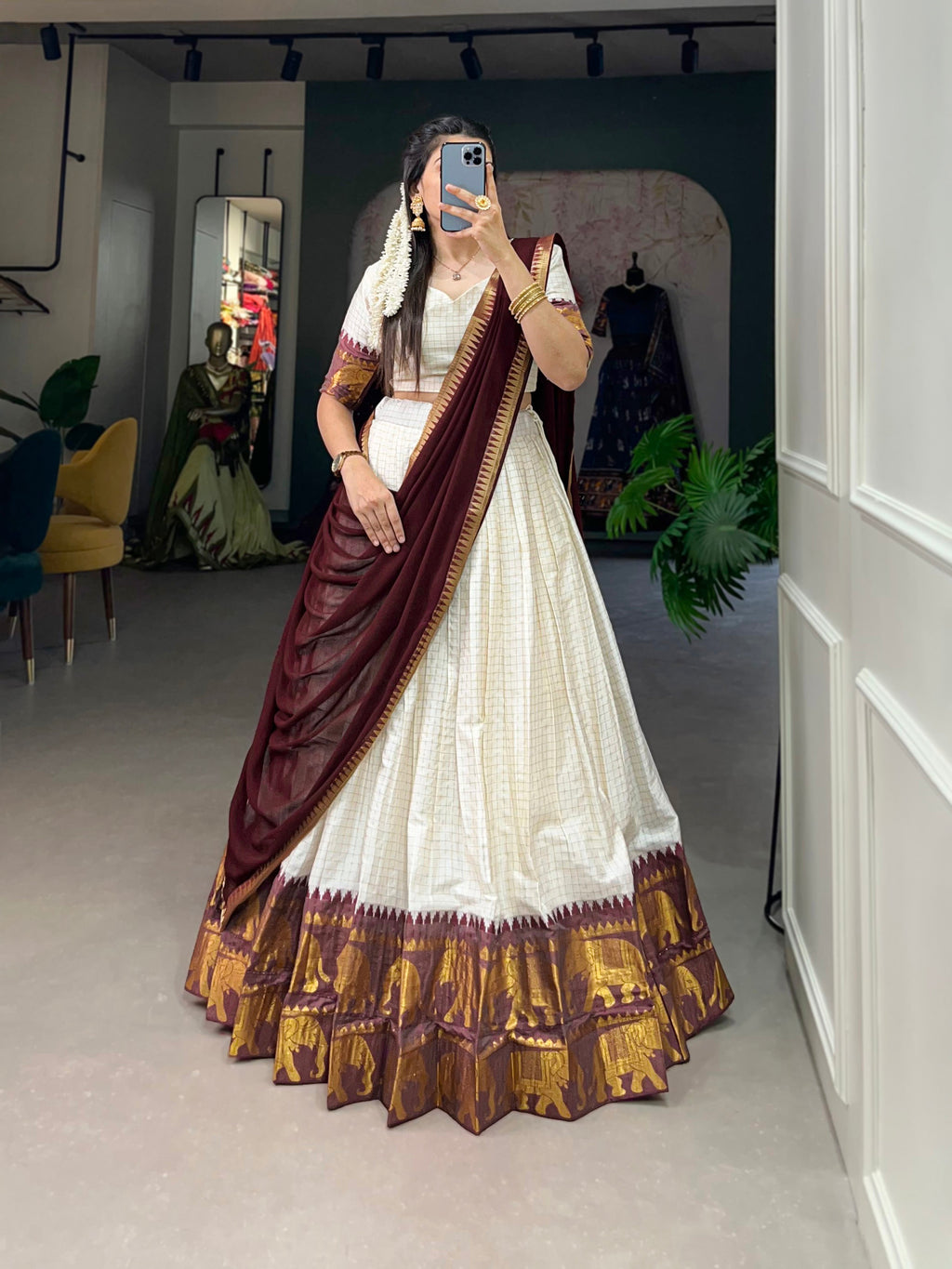 Lorenvalley White Poly Cotton Chex With Zari Weaving Work Lehenga Choli with Dupatta | Grocsy