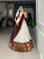 Lorenvalley White Poly Cotton Chex With Zari Weaving Work Lehenga Choli with Dupatta | Grocsy