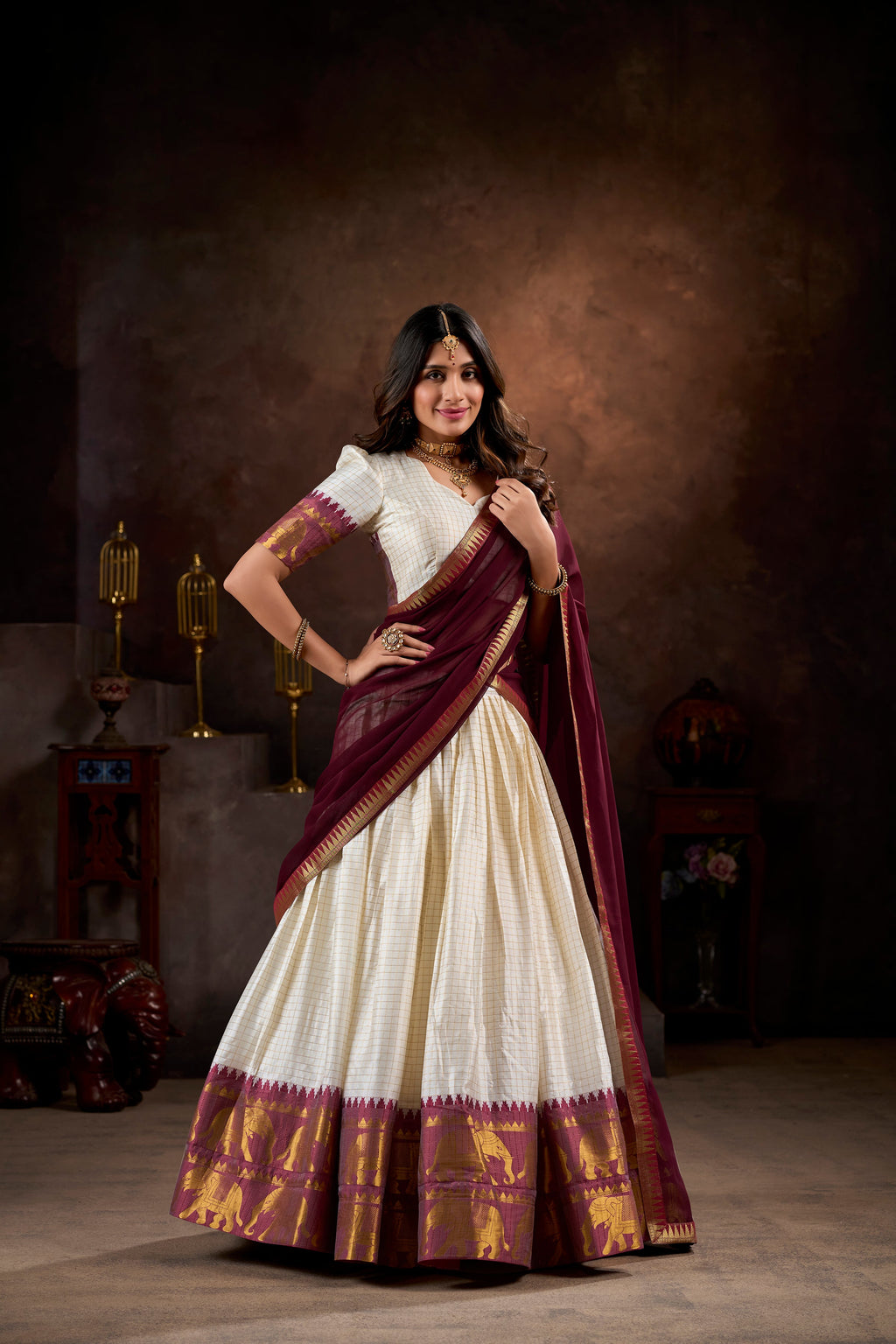 Lorenvalley White Poly Cotton Chex With Zari Weaving Work Lehenga Choli with Dupatta | Grocsy