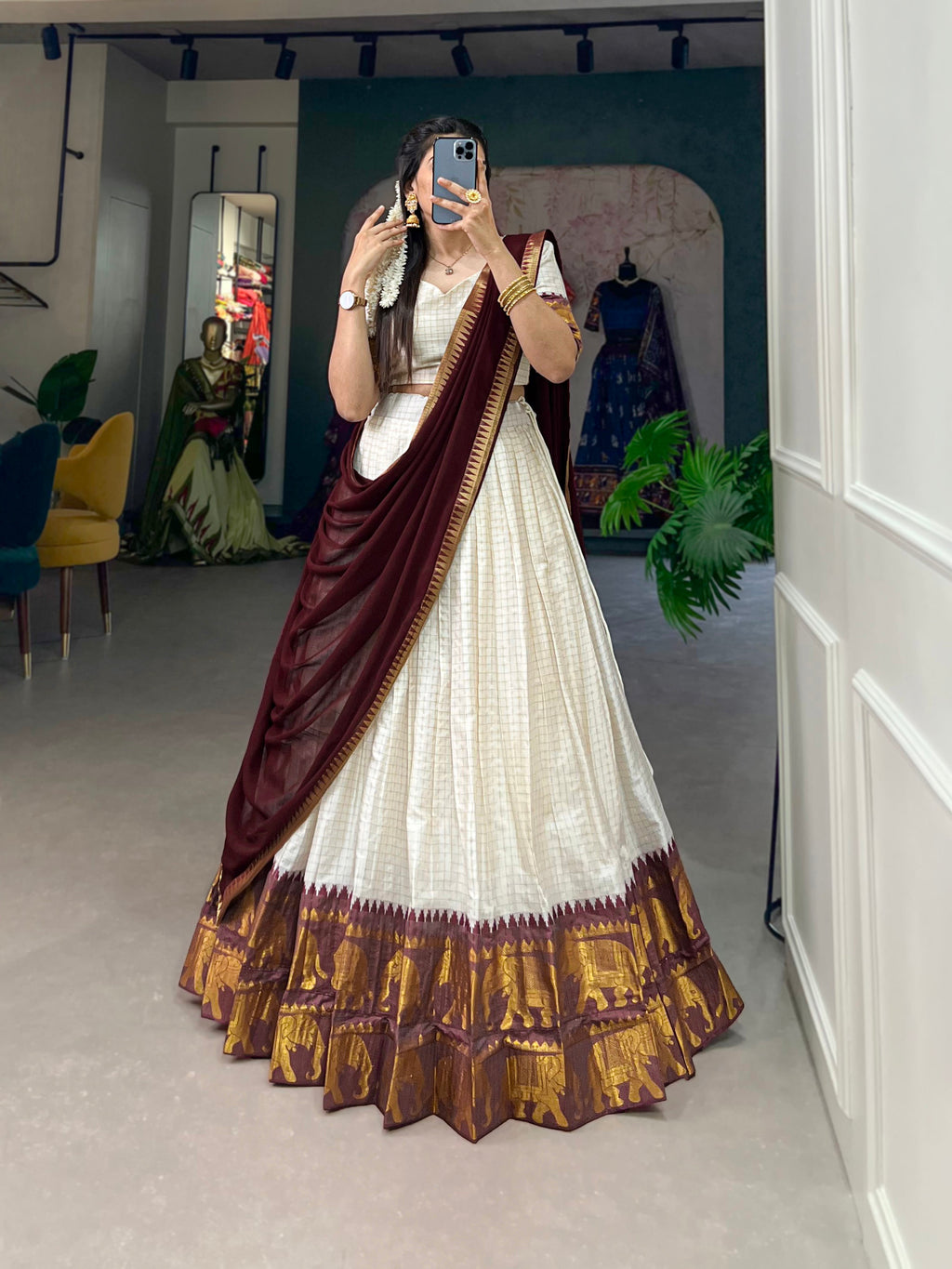Lorenvalley White Poly Cotton Chex With Zari Weaving Work Lehenga Choli with Dupatta | Grocsy