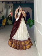 Lorenvalley White Poly Cotton Chex With Zari Weaving Work Lehenga Choli with Dupatta | Grocsy