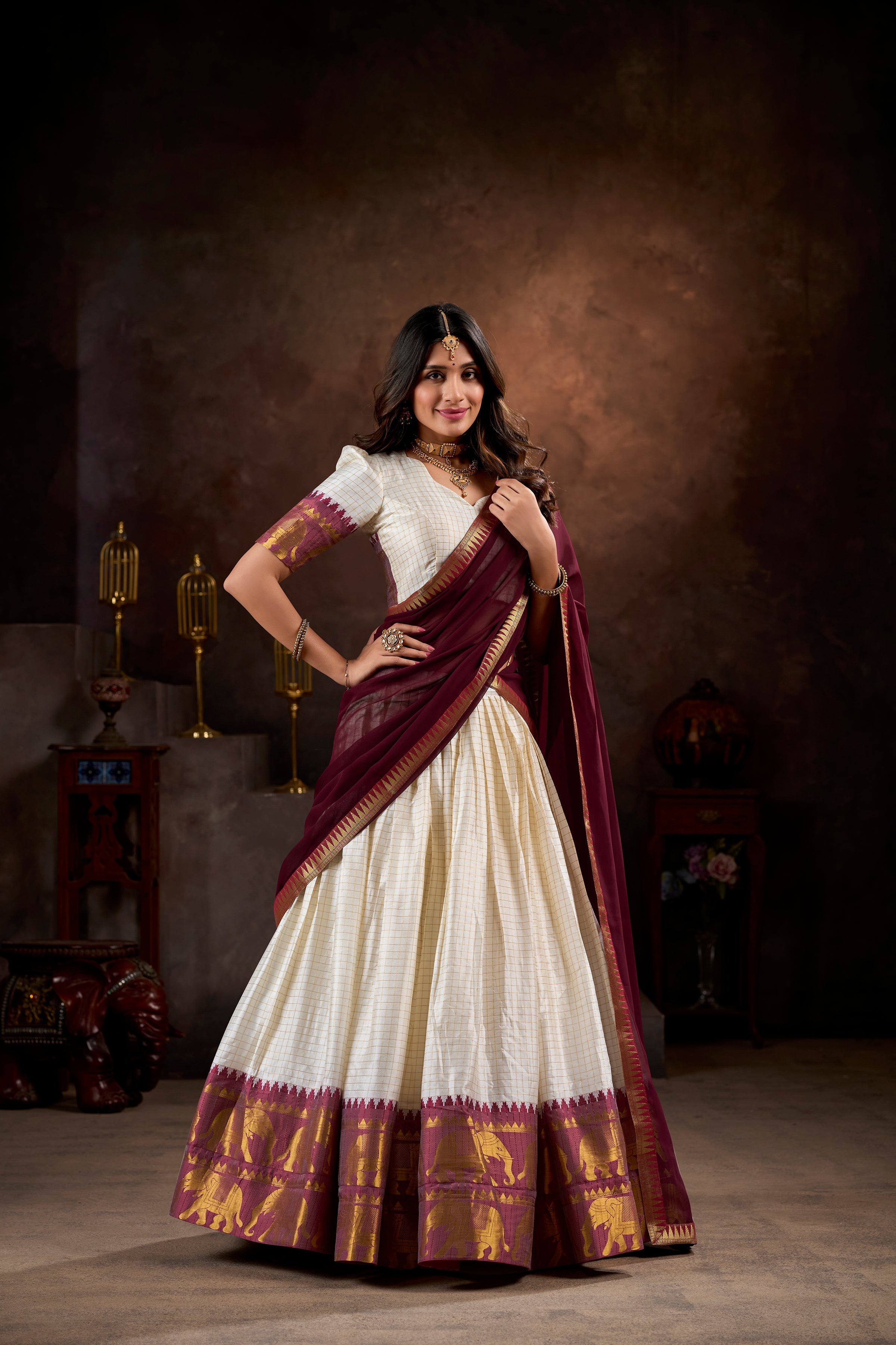 Lorenvalley White Poly Cotton Chex With Zari Weaving Work Lehenga Choli with Dupatta | Grocsy