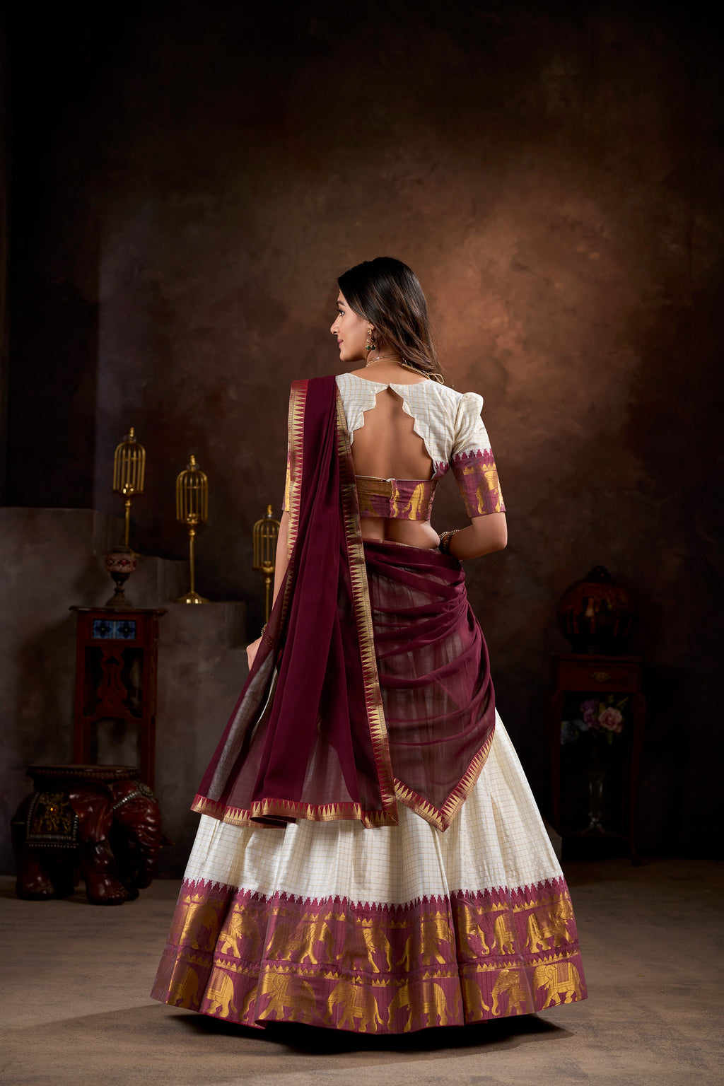 Lorenvalley White Poly Cotton Chex With Zari Weaving Work Lehenga Choli with Dupatta | Grocsy