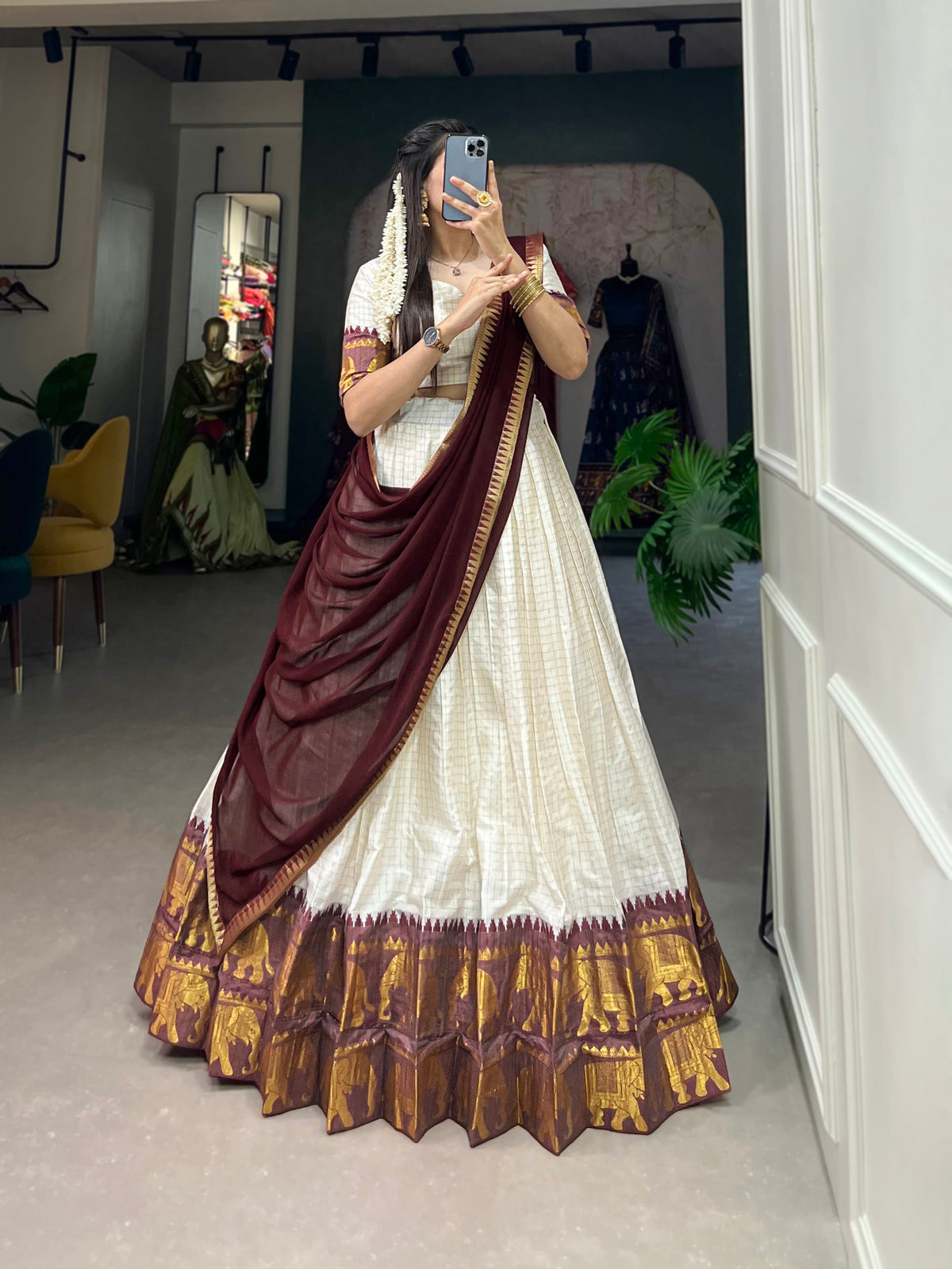Lorenvalley White Poly Cotton Chex With Zari Weaving Work Lehenga Choli with Dupatta | Grocsy